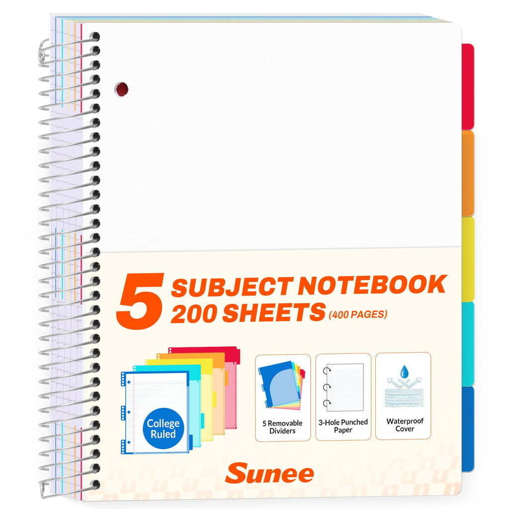 SUNEE 5 Subject Notebook College Ruled - 400 Pages, 9"x11", 5 Pocket Colored Dividers, 3-Hole Punched Paper, Pink