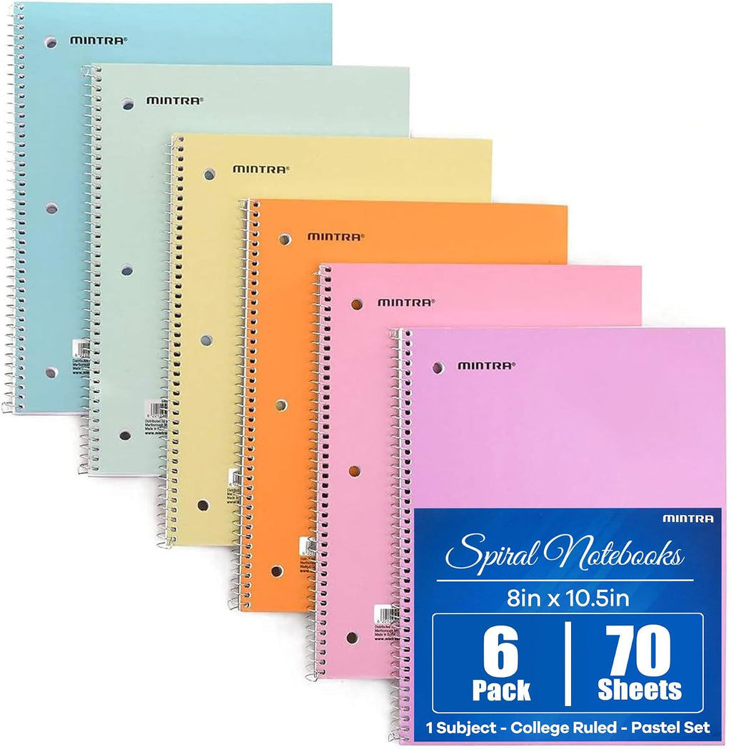 Mintra Office Spiral Notebooks, Wirebound, Journals for School, Work, Business, Aesthetic Stationery, Writing Pads, Teacher & Student Supplies (6, Pastel, College)