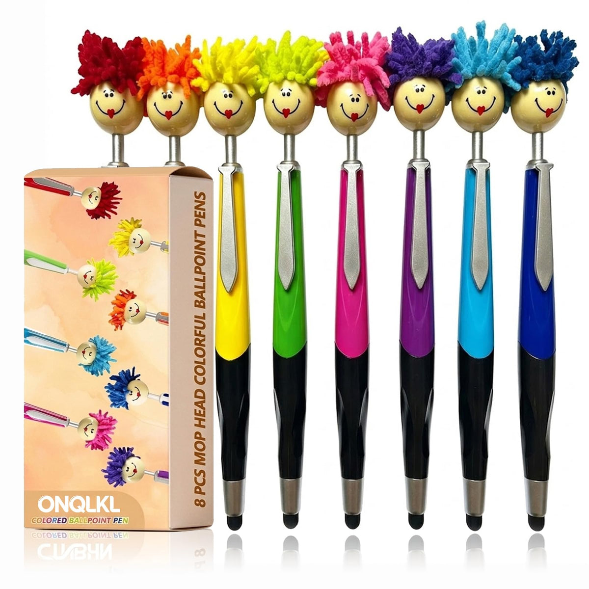 Pens,8pcs Mop Head Ballpoint Pens, Funny Mophea Topper Pen with Plush Hair Writing Click Pen Portable Cute Cartoon Multi-function Signing Party Favors Pens (BLACK ballpoint pen)