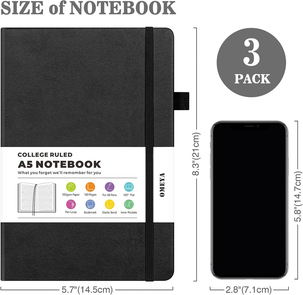 OMEYA A5 Hardcover Notebooks for Work: 3 Pack, 100gsm Paper, 160 Pages Each