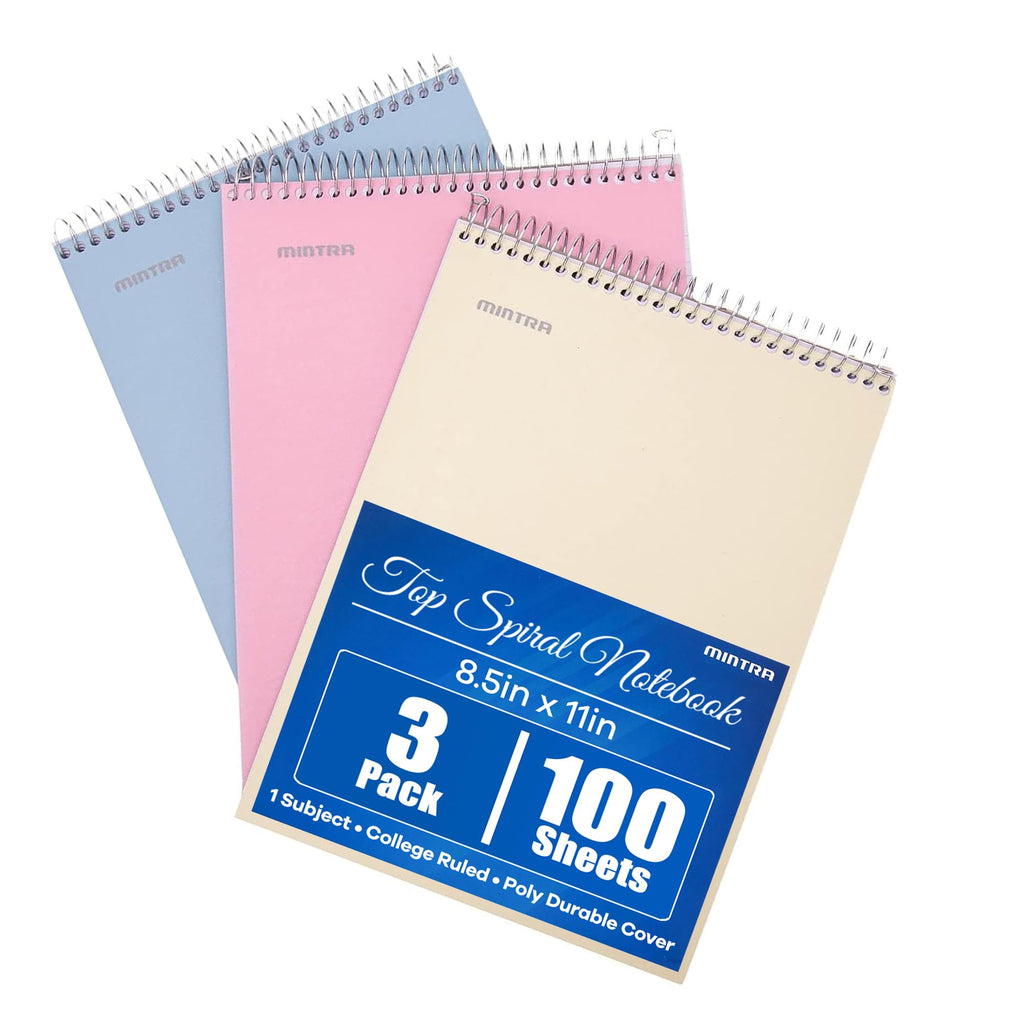 Mintra Office TOP BOUND Durable Spiral Notebooks (Lavender, Salmon, Sage Green, College Ruled 3pk)