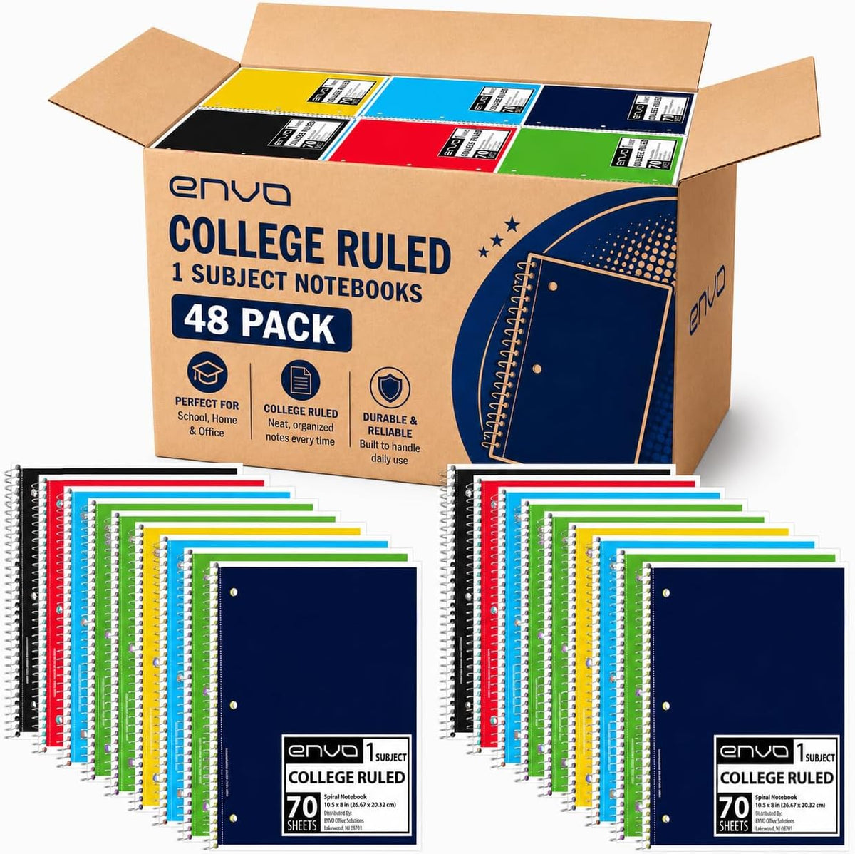 ENVO Spiral Notebook, 1 Subject, Spiral Notebook College Ruled, 8 x 10.5, Notebooks Bulk, School Supplies, Office Supplies, 70 Sheets, (48, College Ruled)