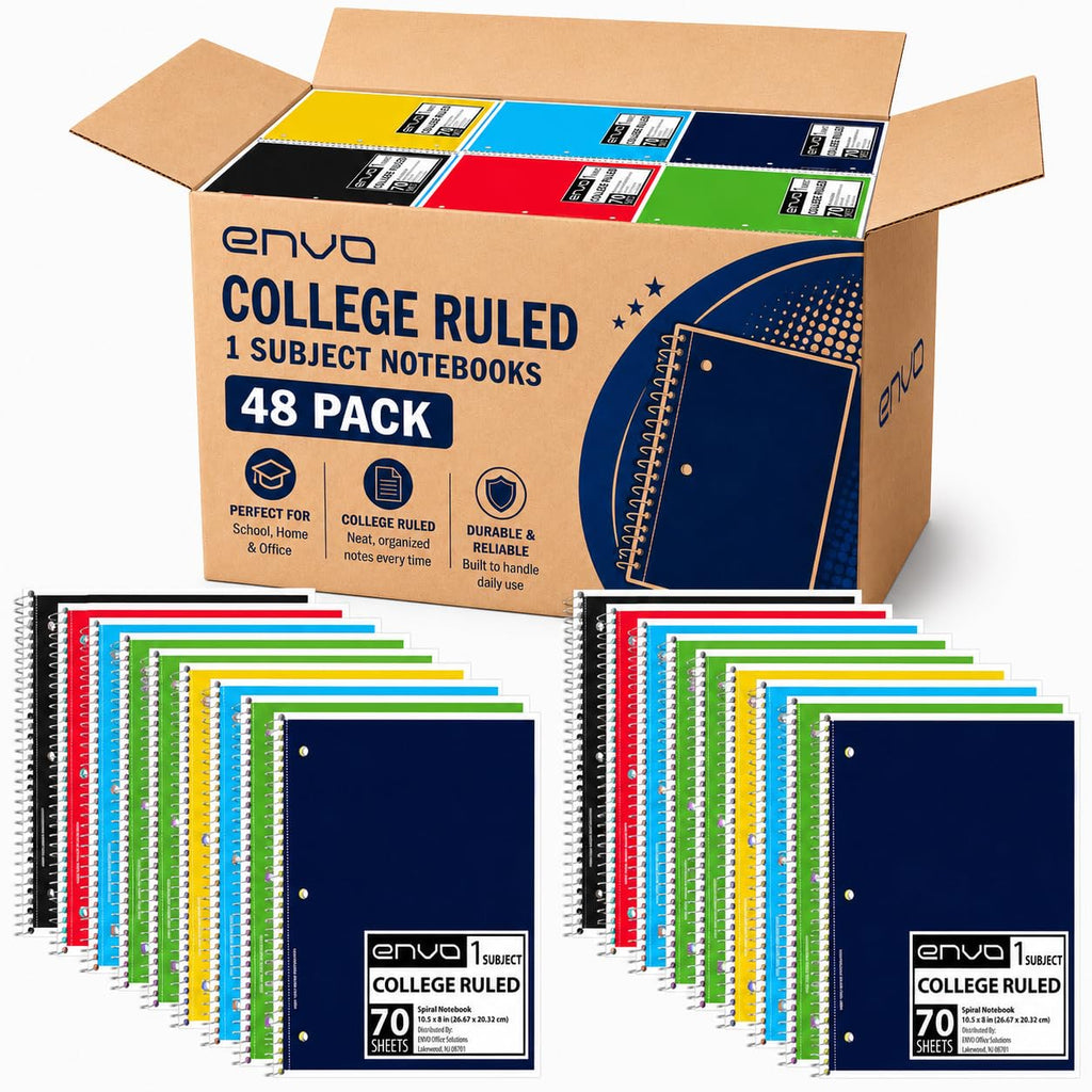 ENVO Spiral Notebook, 1 Subject, Spiral Notebook College Ruled, 8 x 10.5, Notebooks Bulk, School Supplies, Office Supplies, 70 Sheets, (48, College Ruled)
