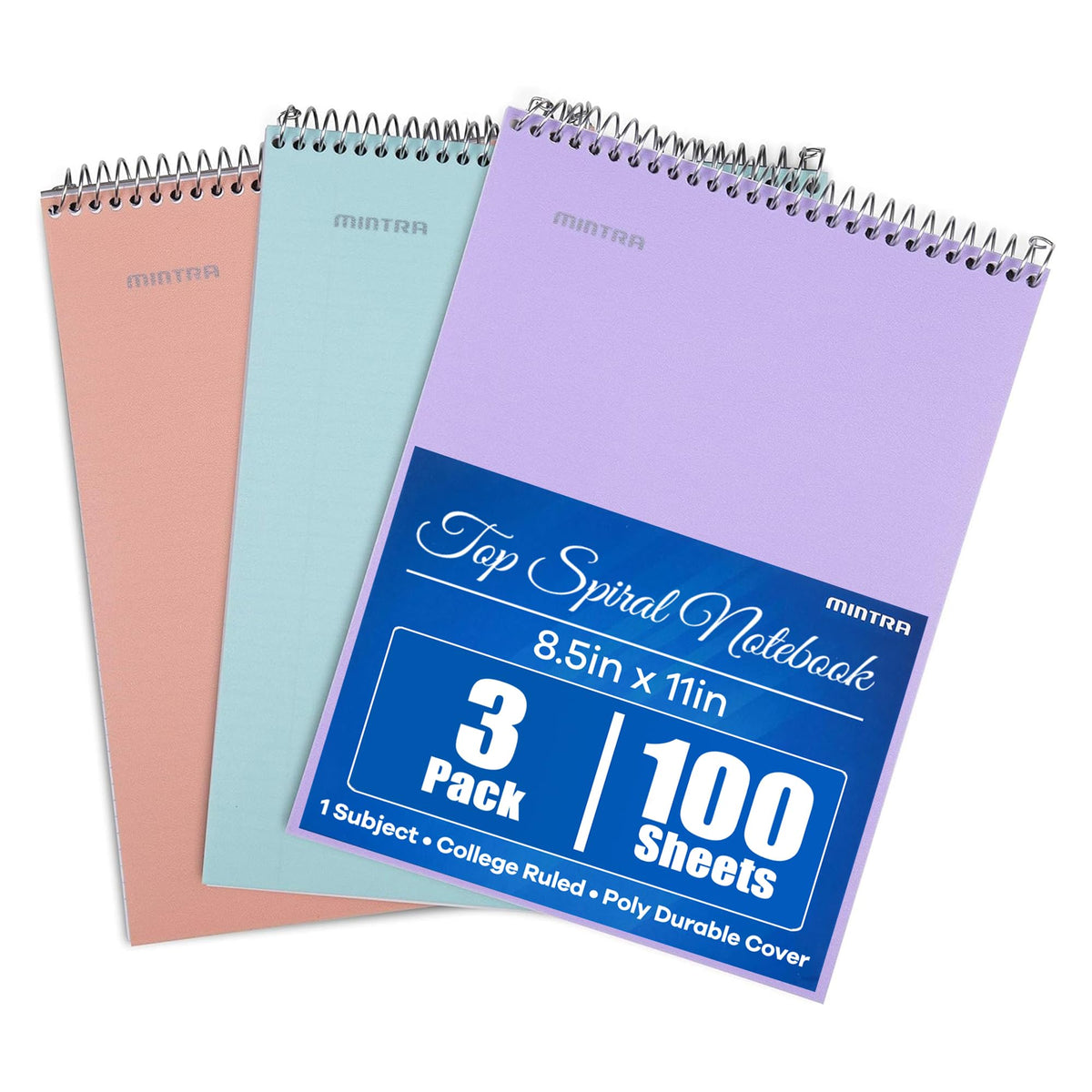 Mintra Office TOP BOUND Durable Spiral Notebooks (Lavender, Salmon, Sage Green, College Ruled 3pk)