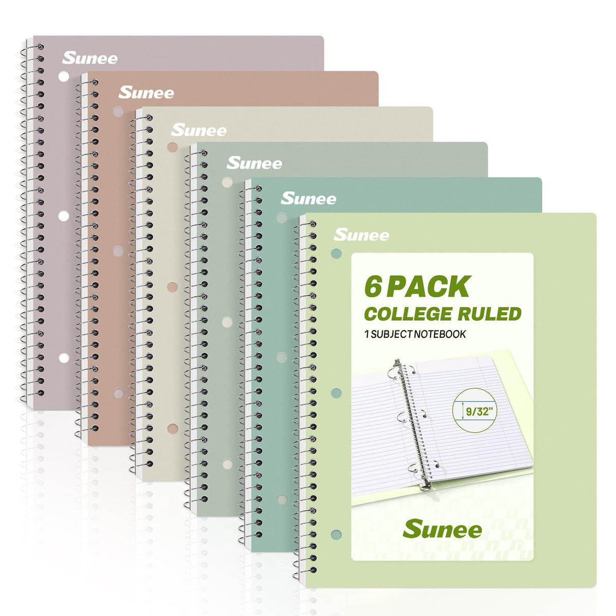 SUNEE Spiral Notebooks, 6 Pack, 1-Subject, College Ruled Paper, 8" x 10-1/2", 70 Sheets per Notebook, Assorted Aesthetic Colors Spiral Notebooks for School