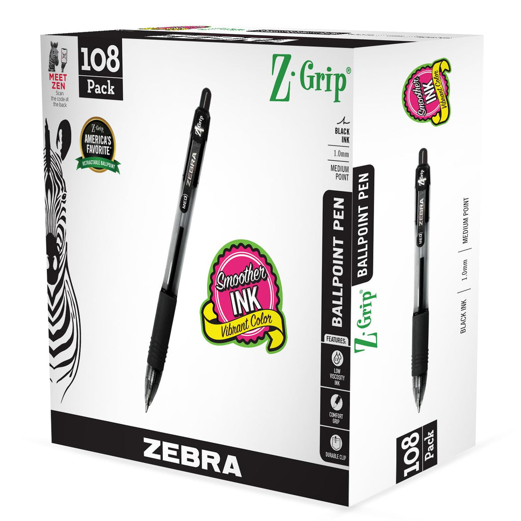 Zebra Pen Z-Grip Retractable Ballpoint Pen, Black Ink, 1.0mm, 18-Pack