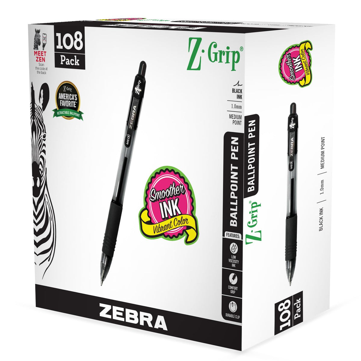 Zebra Pen Z-Grip Retractable Ballpoint Pen, Black Ink, 1.0mm, 18-Pack