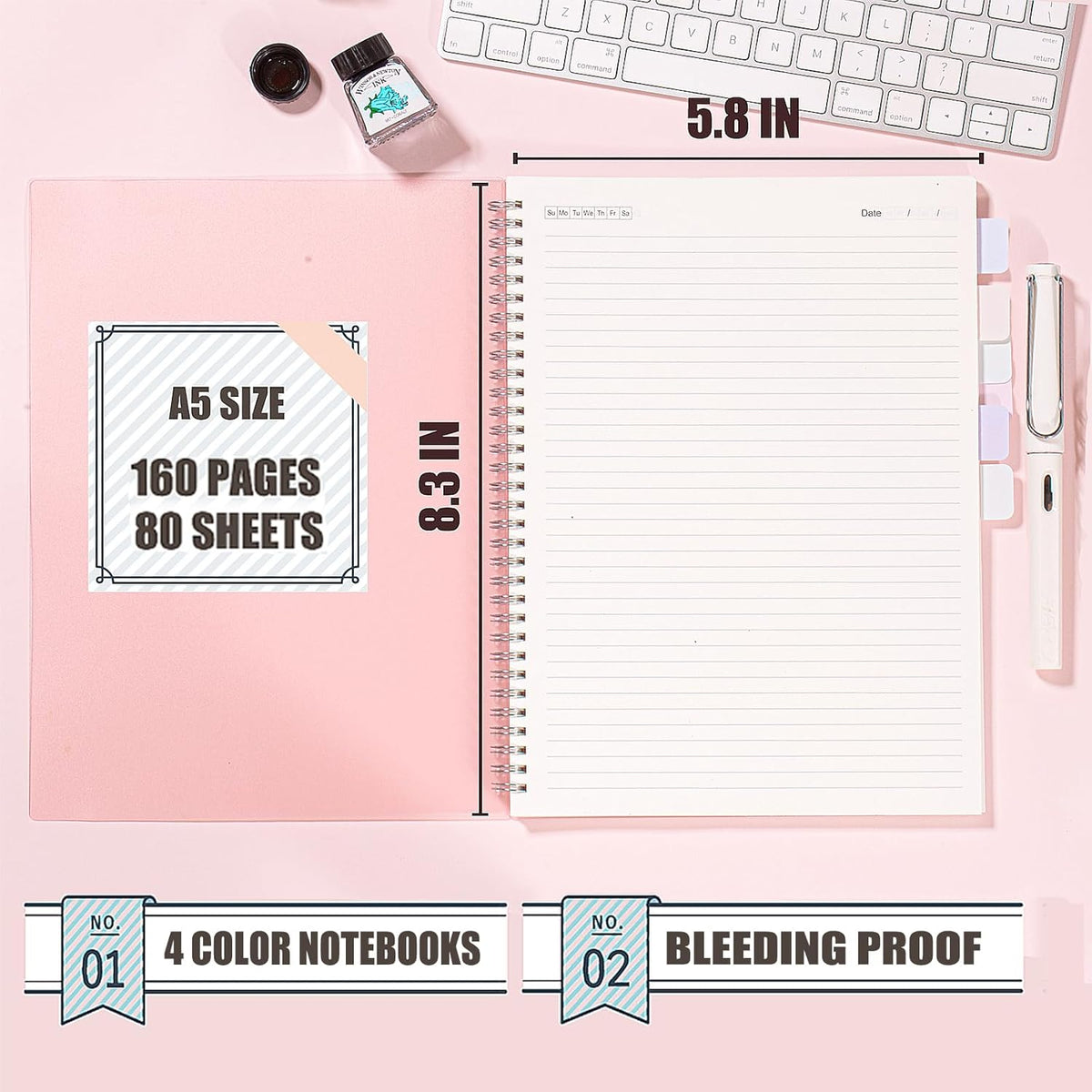 OWSC 4 Pack College Ruled Spiral Notebook, Notebooks for Work A5 Lined