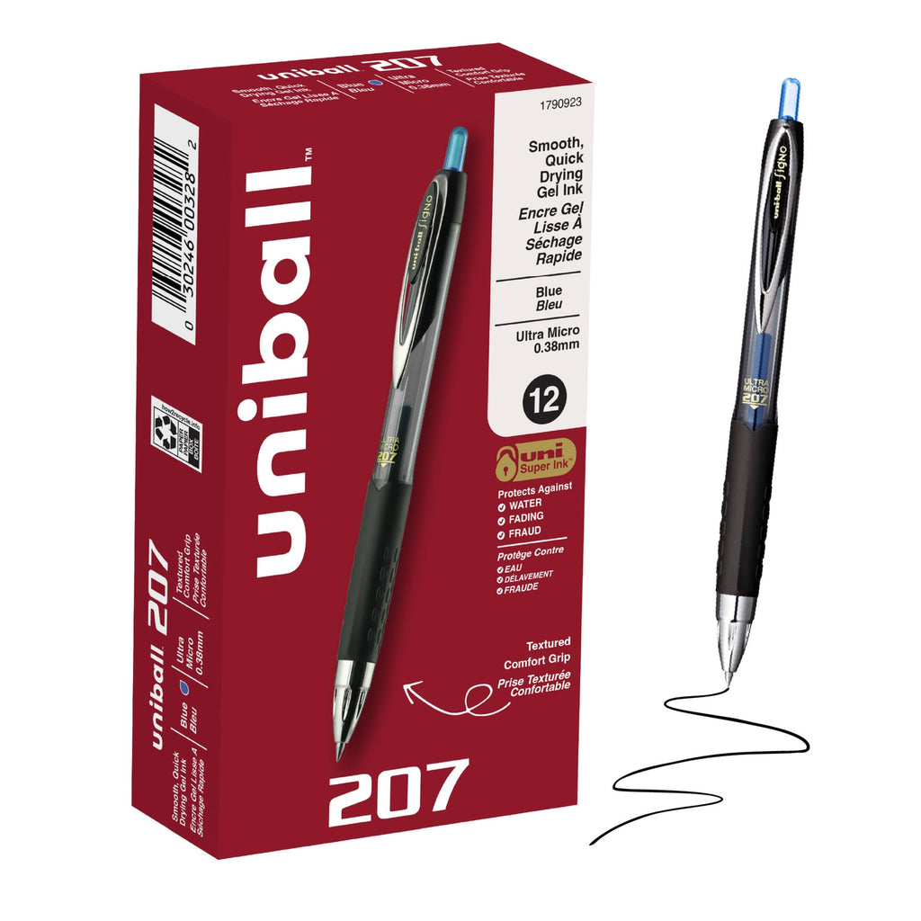 uniball™ 207 Gel Pens, Black Ink, 0.7mm Medium Point, Retractable, 12 Count