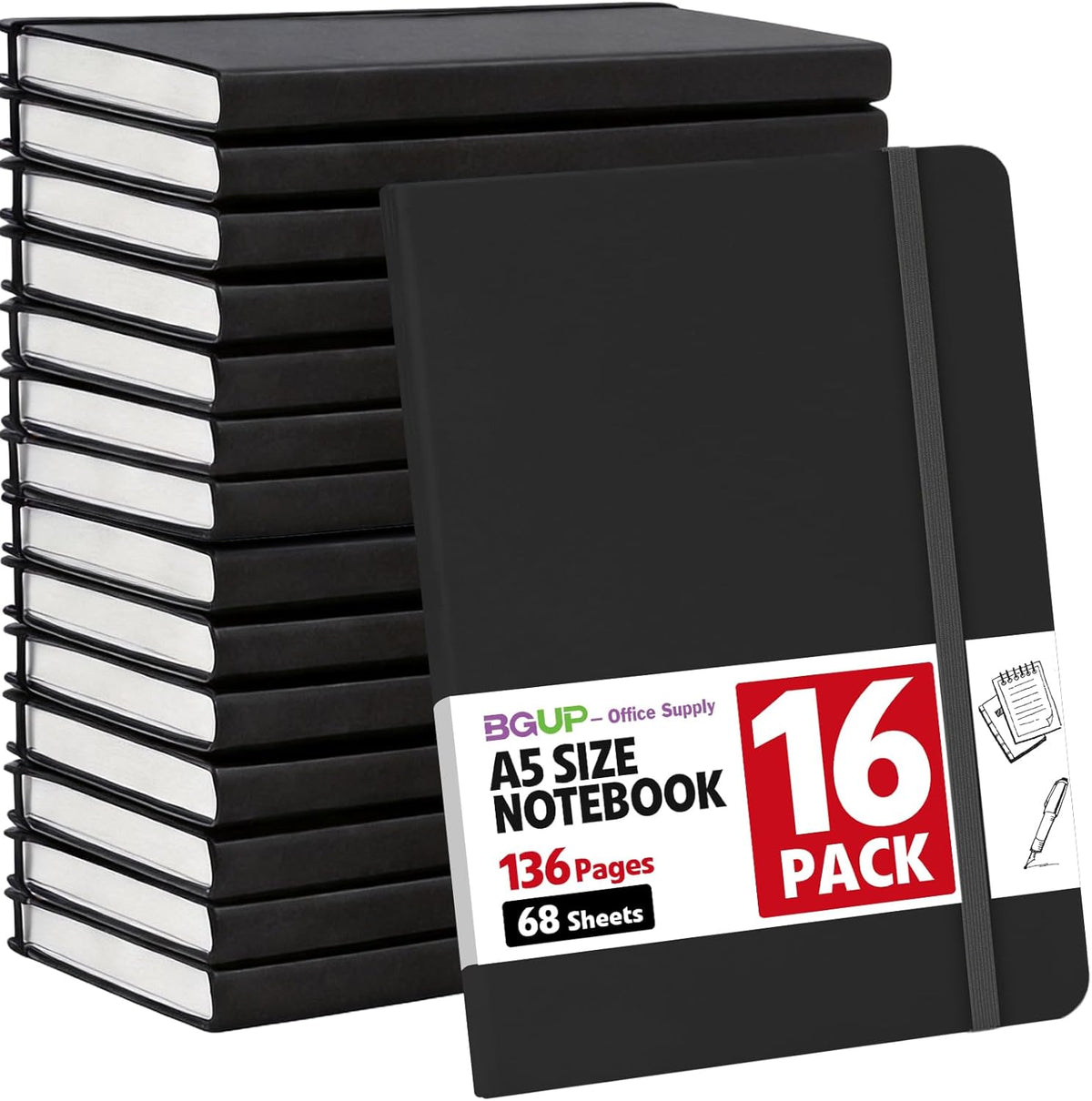 16 Pack Lined Journal Notebook for Work, 136 Pages, Medium 5.5 in x 8.3 in, A5 College Ruled, Hardcover Journaling Notebooks for Writing, Note Taking, Fit for Business Work School Home (Black)