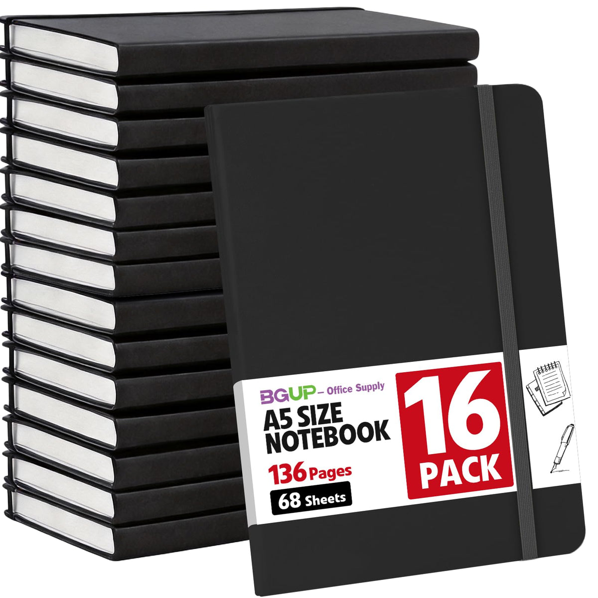 16 Pack Lined Journal Notebook for Work, 136 Pages, Medium 5.5 in x 8.3 in, A5 College Ruled, Hardcover Journaling Notebooks for Writing, Note Taking, Fit for Business Work School Home (Black)