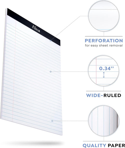 Alitte Legal Notepads 8.5 x 11, Pack of 12 - Perforated Wide Ruled Writing Pad - Premium Thick Paper, No Ink Bleeding - Blank Legal Pads For Home, Office, School, Business - 50 Sheets Per Notebook