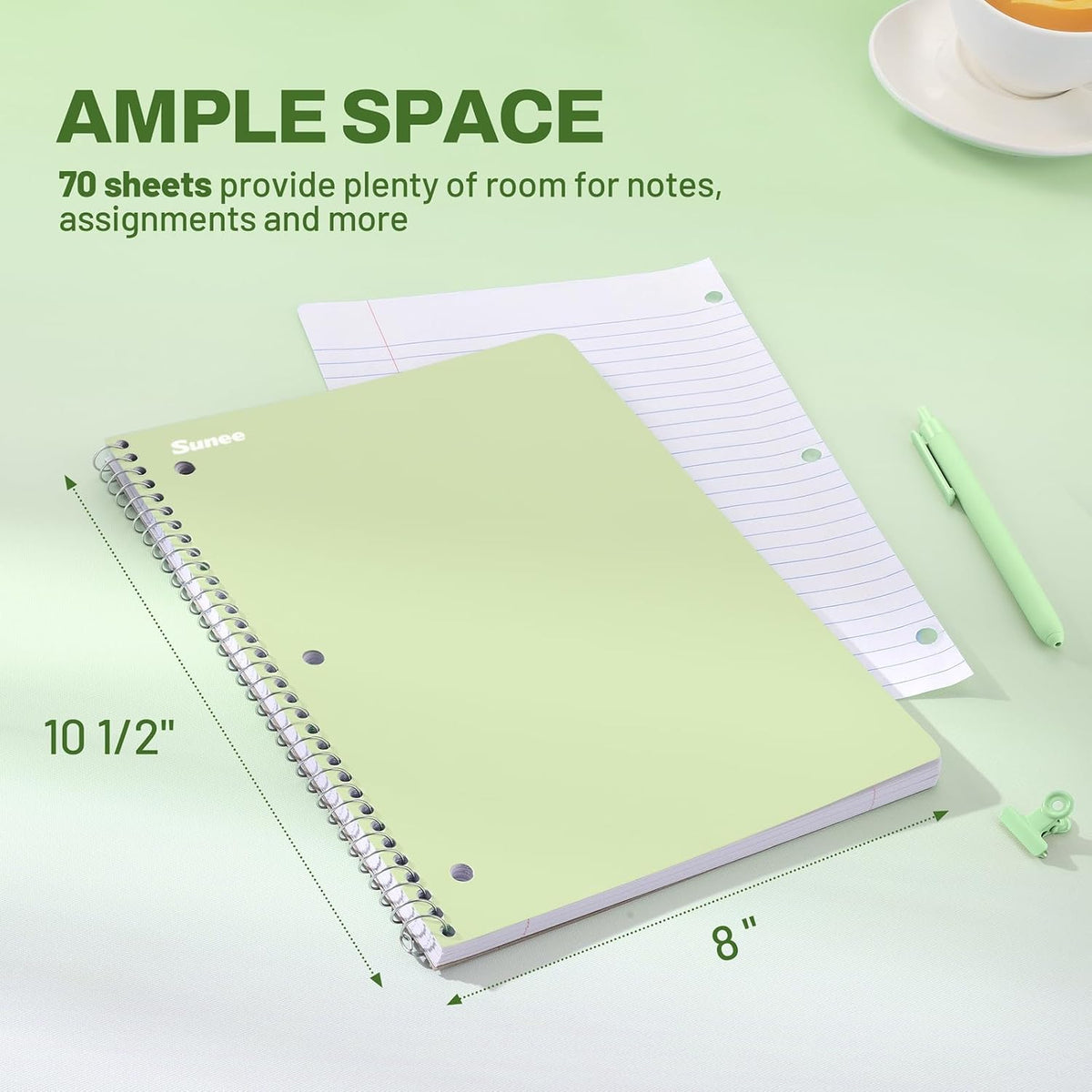 SUNEE Spiral Notebooks, 6 Pack, 1-Subject, College Ruled Paper, 8" x 10-1/2", 70 Sheets per Notebook, Assorted Aesthetic Colors Spiral Notebooks for School