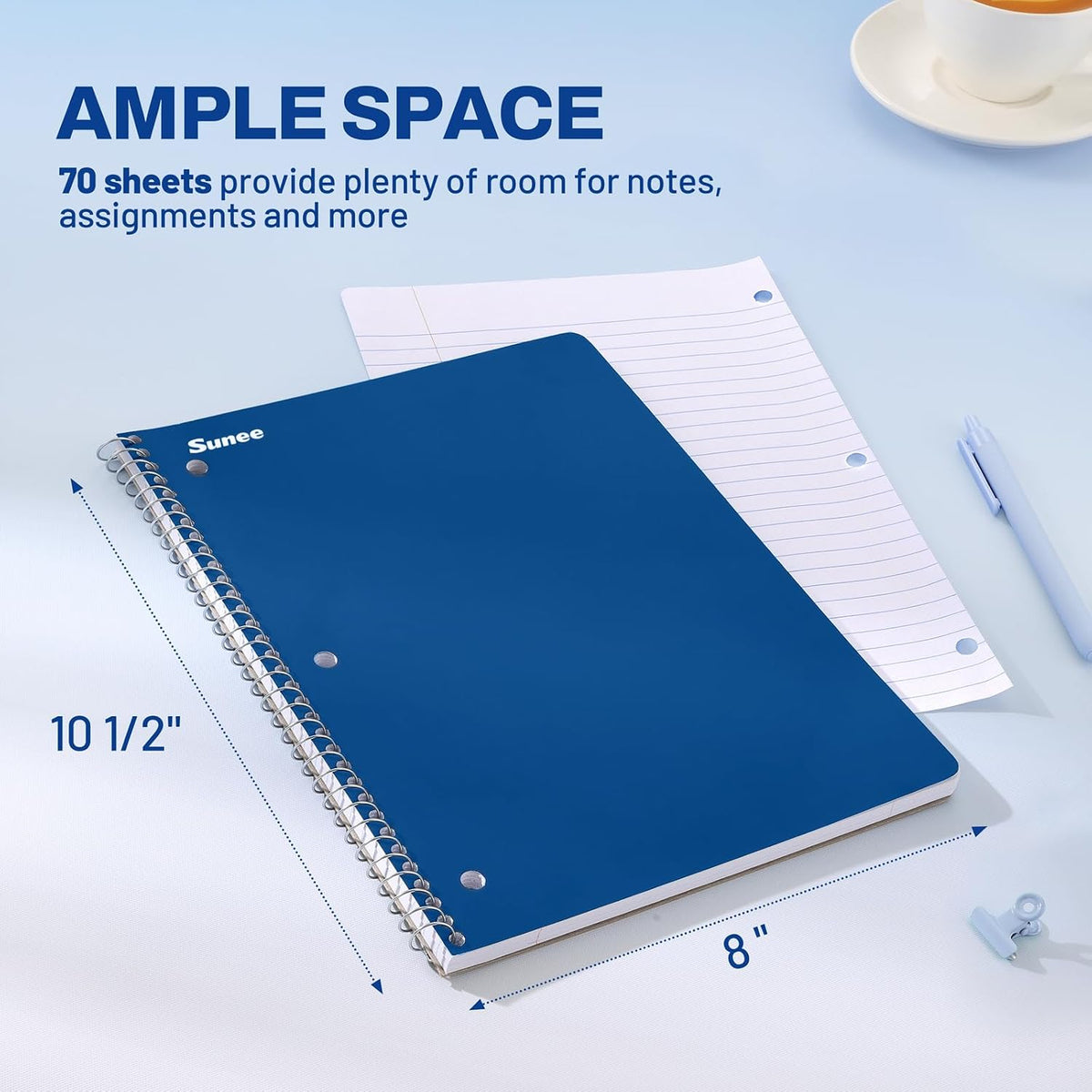 SUNEE Spiral Notebooks, 1-Subject, 12 Pack, Wide Ruled Paper, 8" x 10-1/2", 70 Sheets per Notebook, 3-Hole Punched Paper, Spiral Lined Notebooks for School, Work, Classic Colors