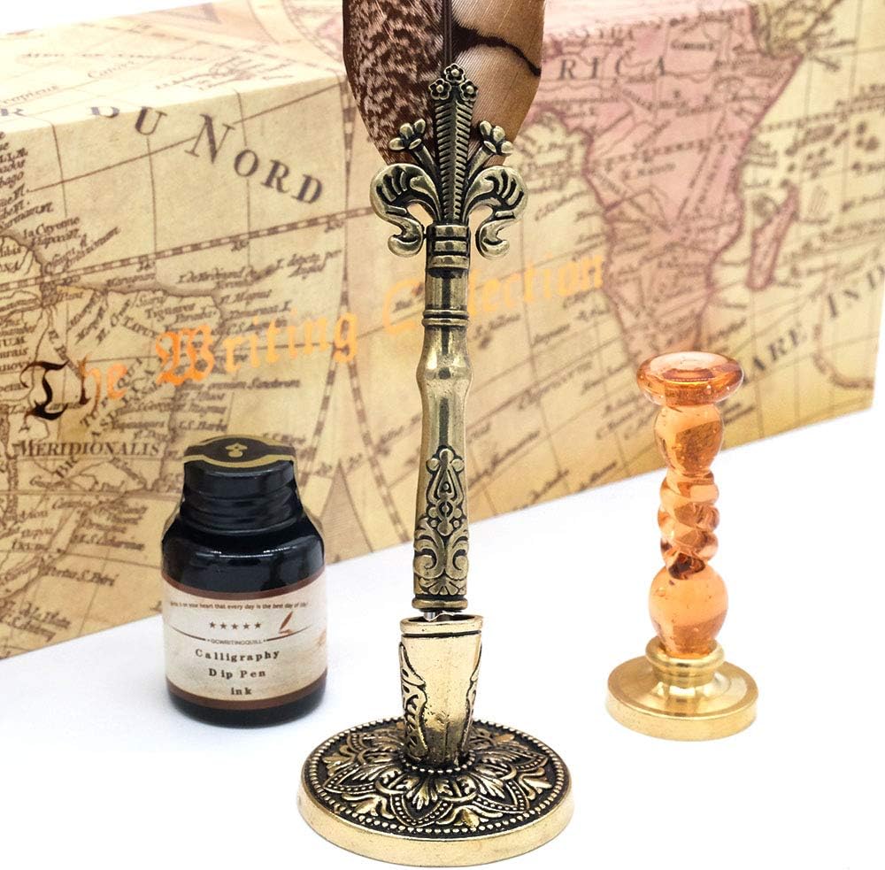 Antique Quill Pen Unique Half-Patterned Feather Pen Set with 6 Nibs 1 Bottle of Ink 1 Seal Stamp 1 Pen Holder 1 Sealing Wax LL-149