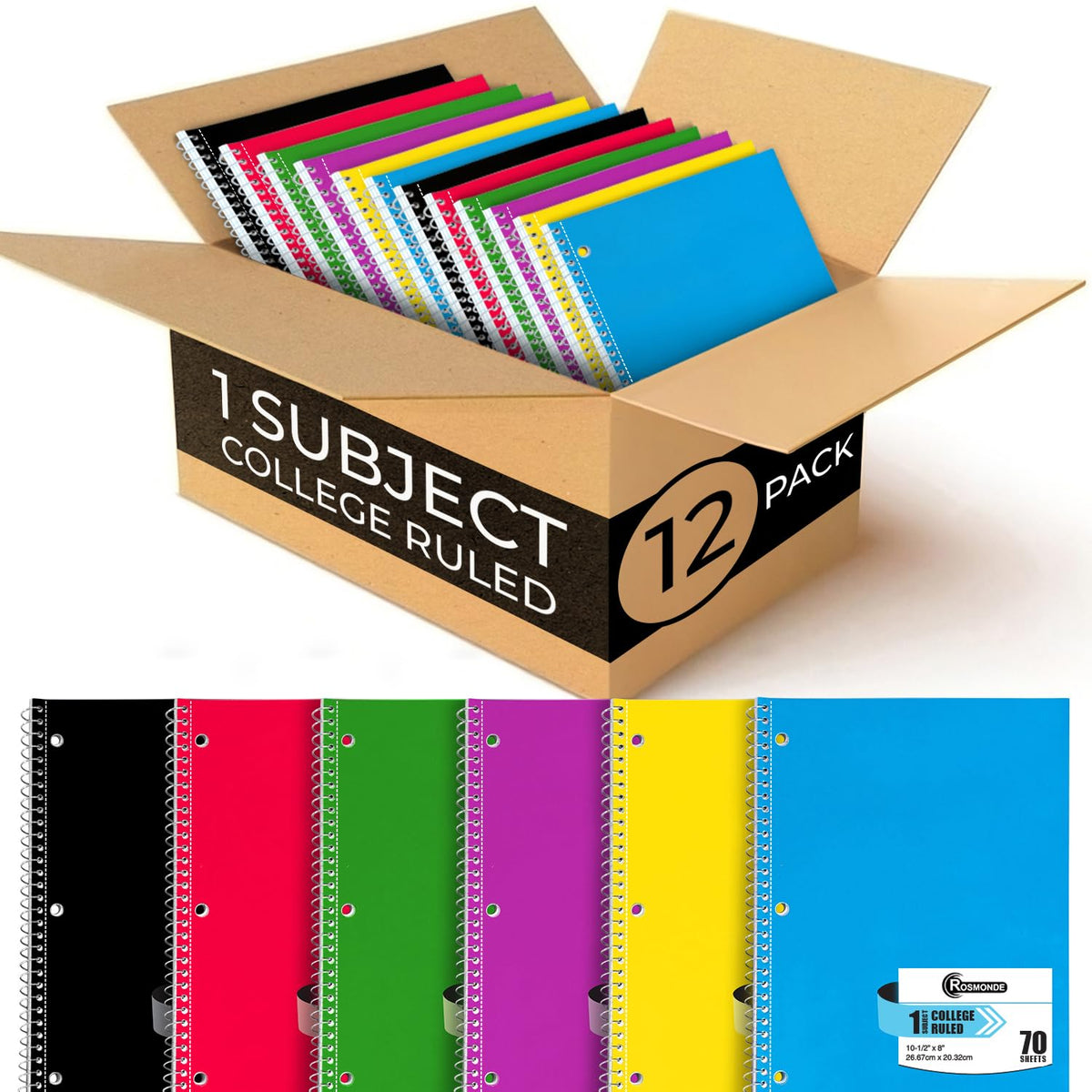 Rosmonde 50 Pack 1 Subject Spiral Notebook College Ruled Bulk, 70 Sheets