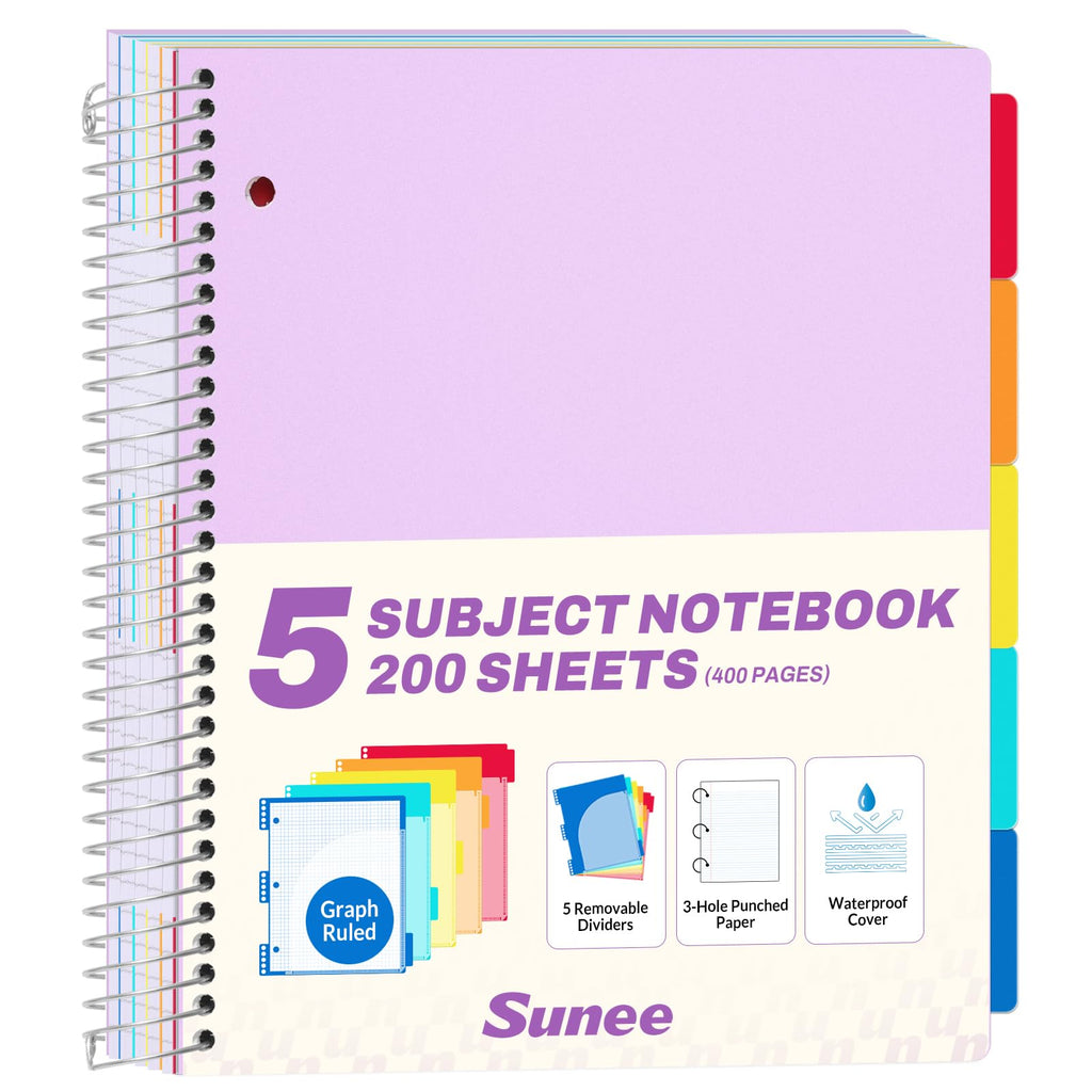 SUNEE 5 Subject Notebook College Ruled - 400 Pages, 9"x11", 5 Pocket Colored Dividers, 3-Hole Punched Paper, Pink