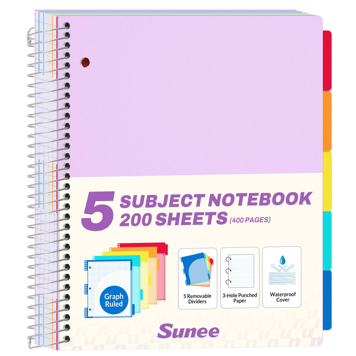 SUNEE 5 Subject Notebook College Ruled - 400 Pages, 9"x11", 5 Pocket Colored Dividers, 3-Hole Punched Paper, Pink