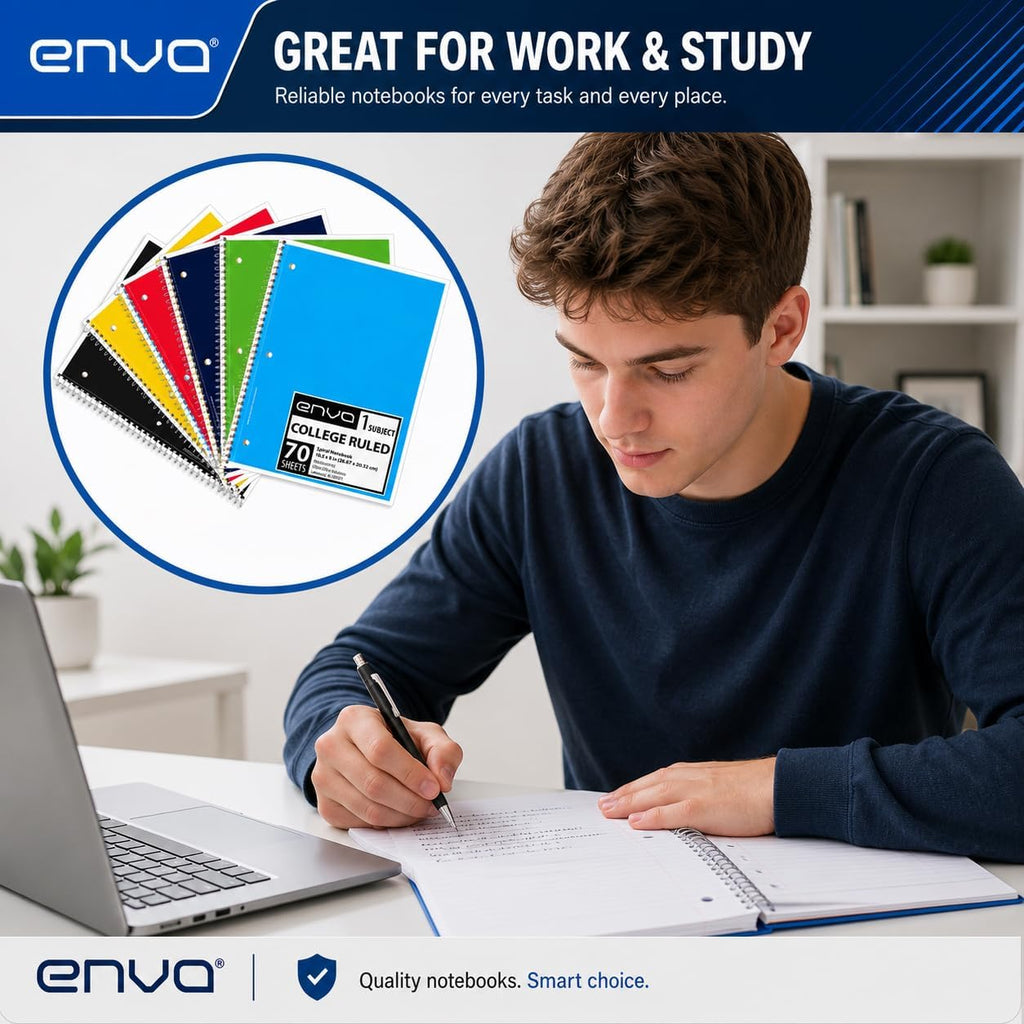 ENVO Spiral Notebook, 1 Subject, Spiral Notebook College Ruled, 8 x 10.5, Notebooks Bulk, School Supplies, Office Supplies, 70 Sheets, (48, College Ruled)