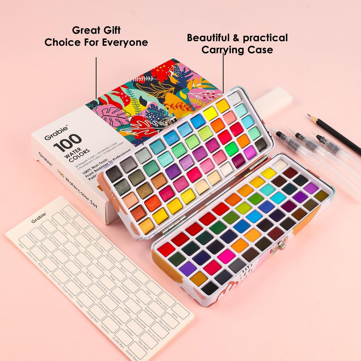 Grabie Watercolor Paint Set of 100 Color with Brush Pens