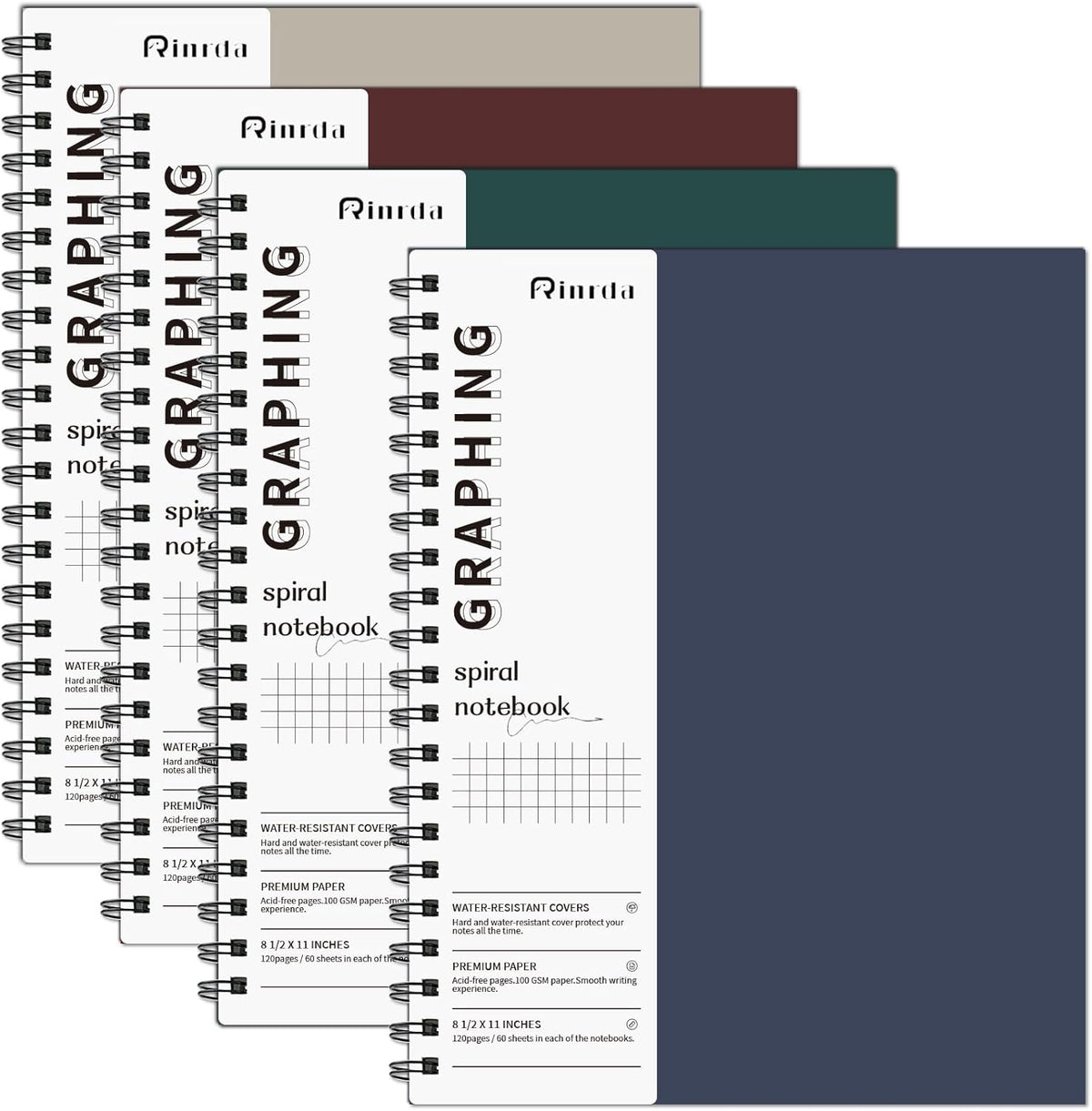 Spiral Notebooks 8.5x11,4 Pack Grid Notebook (GRAPH, Mult-color)