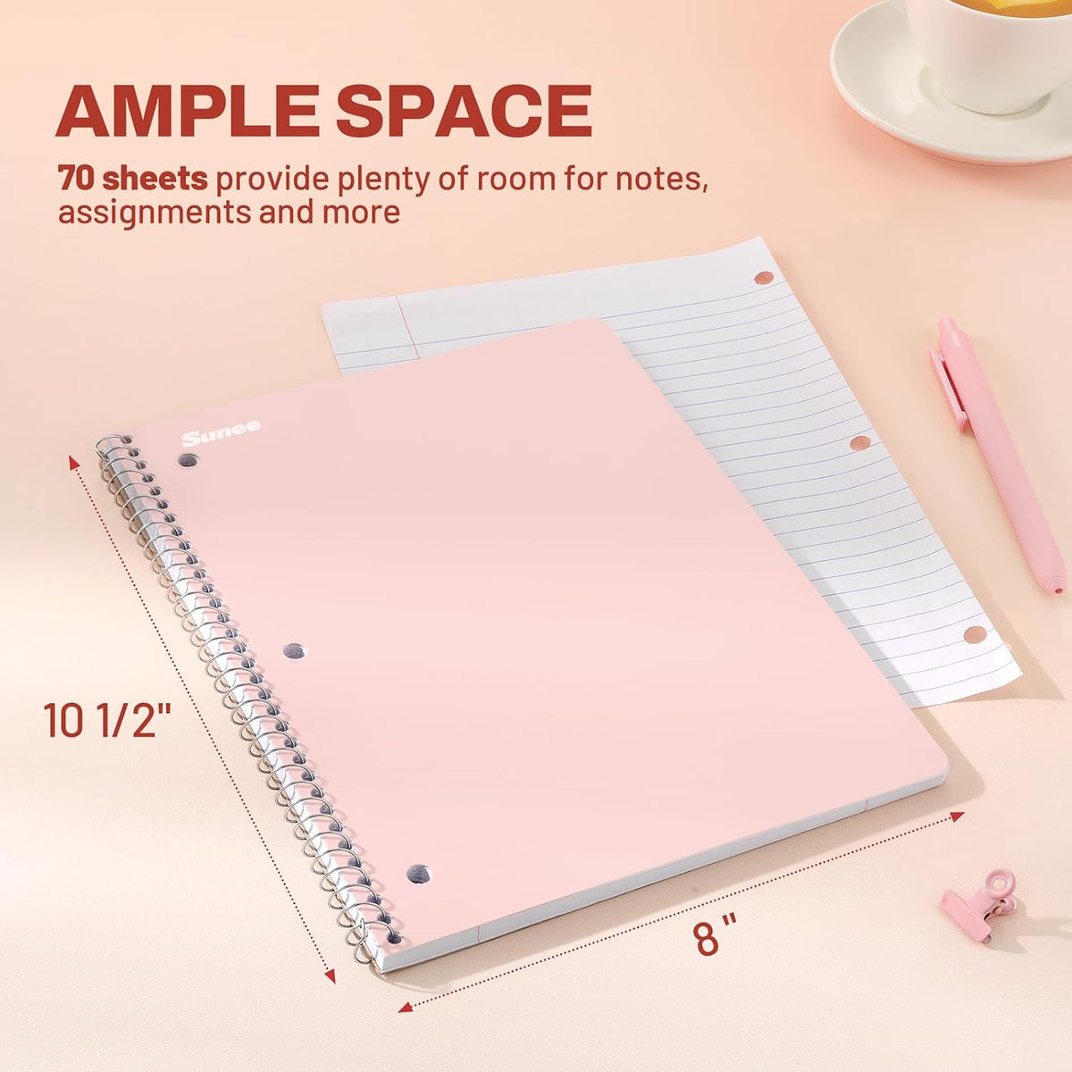 SUNEE Spiral Notebooks, 1-Subject, 10 Pack, College Ruled Paper, 8" x 10-1/2", 70 Sheets per Notebook,3-Hole Punched Paper, Pink,Purple, Blue, Green, Yellow Spiral Lined Notebooks for School,Work