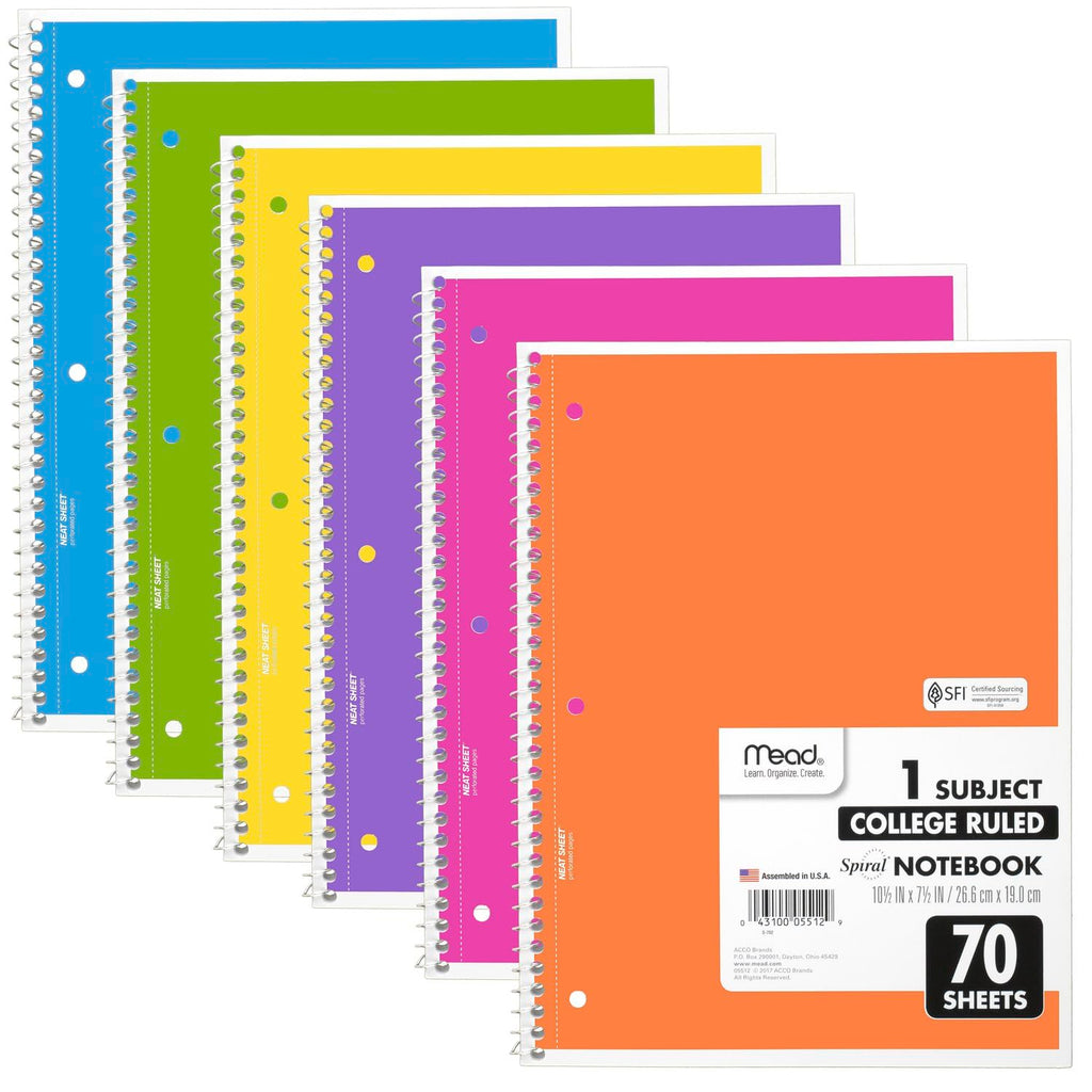 Mead Spiral Notebook, 6 Pack, 1 Subject, College Ruled Paper, 7-1/2" x 10-1/2", 70 Sheets per Notebook, Assorted Pastel Colors (830049)