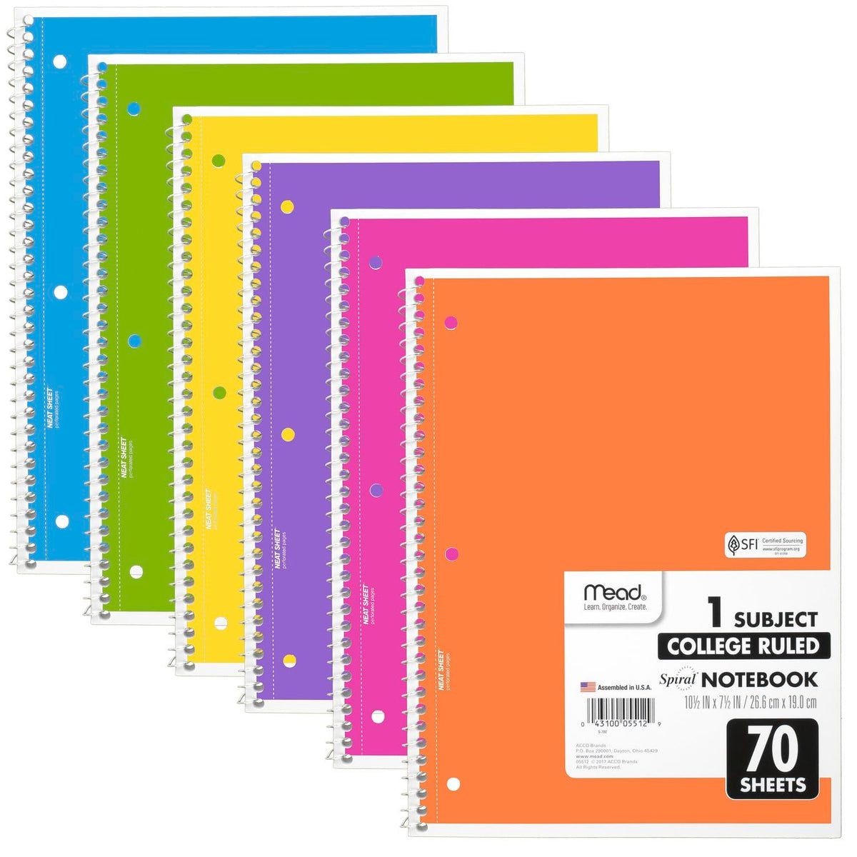 Mead Spiral Notebook, 6 Pack, 1 Subject, College Ruled Paper, 7-1/2" x 10-1/2", 70 Sheets per Notebook, Assorted Pastel Colors (830049)