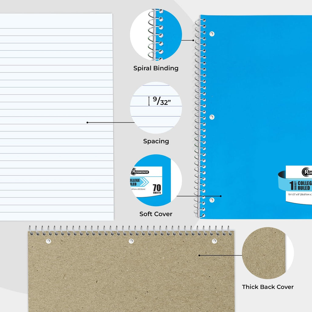 Rosmonde Spiral Notebook, 12 Pack, 1 Subject, College Ruled, 70 Sheets