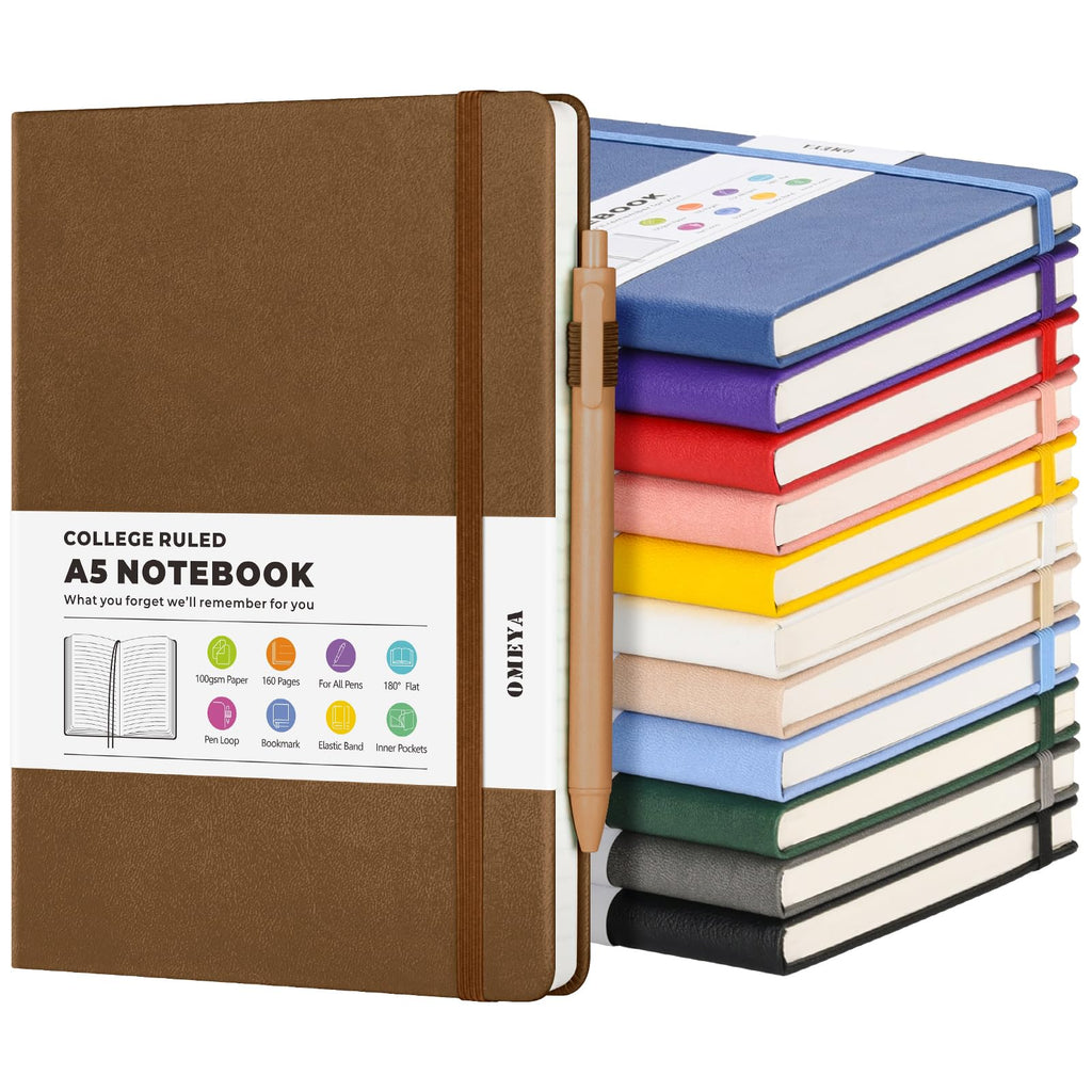 OMEYA A5 Hardcover Notebooks for Work: 6 Pack, 100gsm Paper, 160 Pages Each