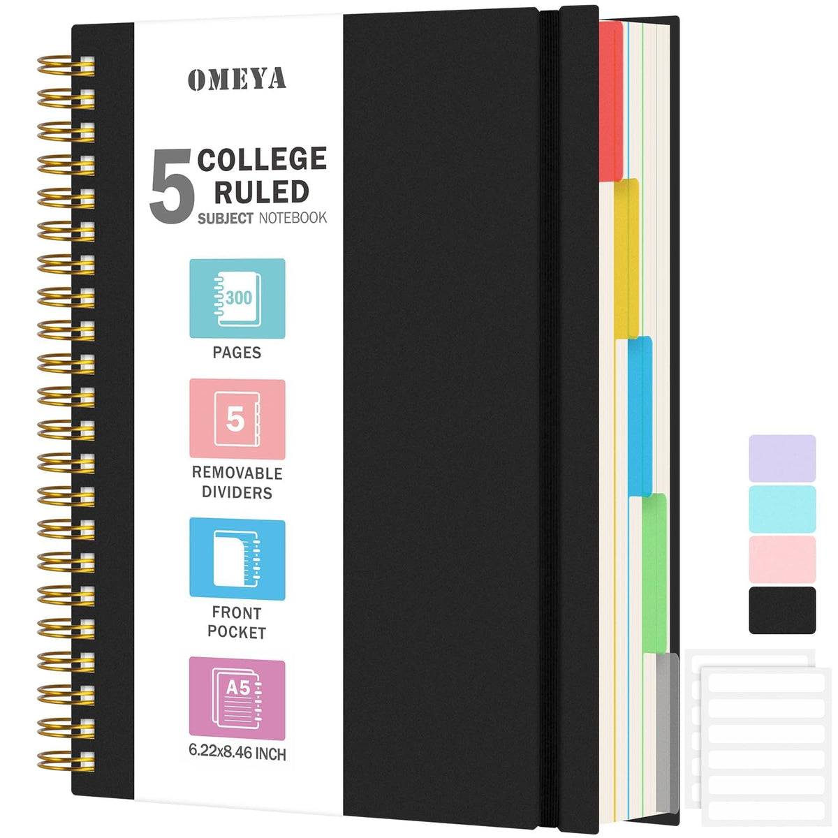 Spiral Notebook 8.5" x 11", 5 Subject Notebooks College Ruled with Dividers