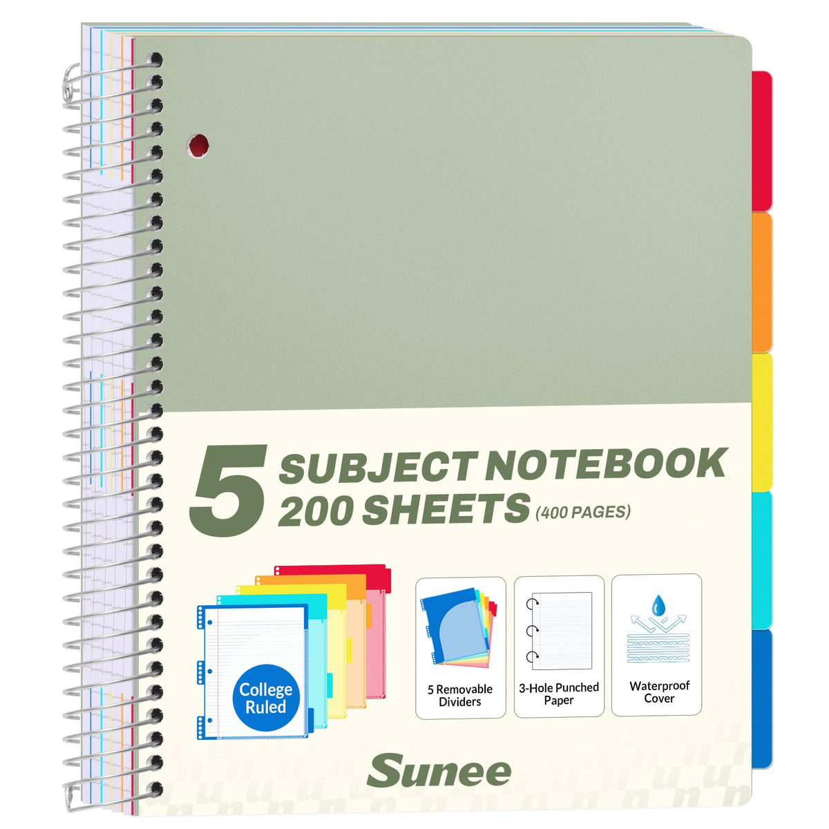 SUNEE 5 Subject Notebook College Ruled - 400 Pages, 9"x11", 5 Pocket Colored Dividers, 3-Hole Punched Paper, Pink