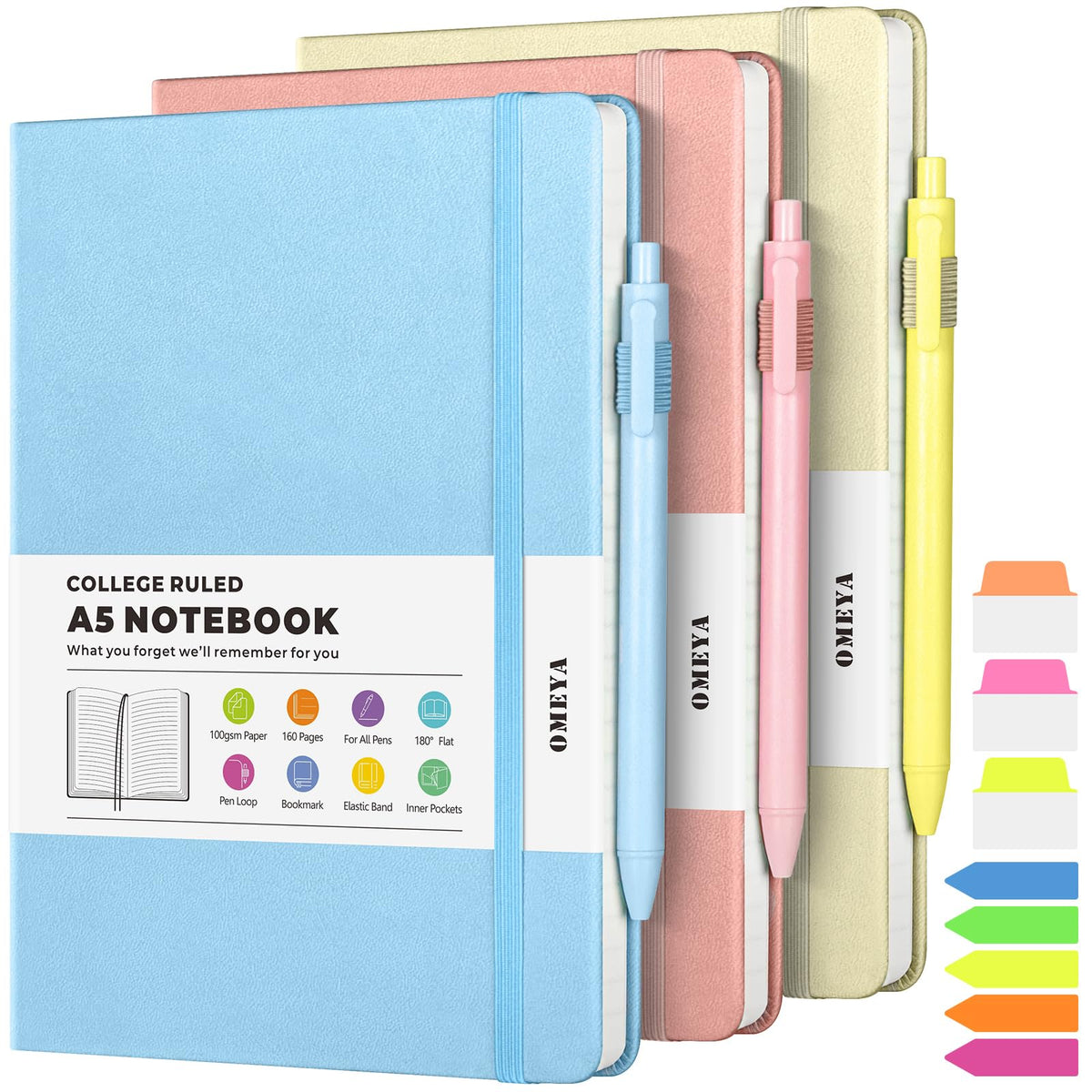 OMEYA A5 Hardcover Notebooks for Work: 3 Pack, 100gsm Paper, 160 Pages Each