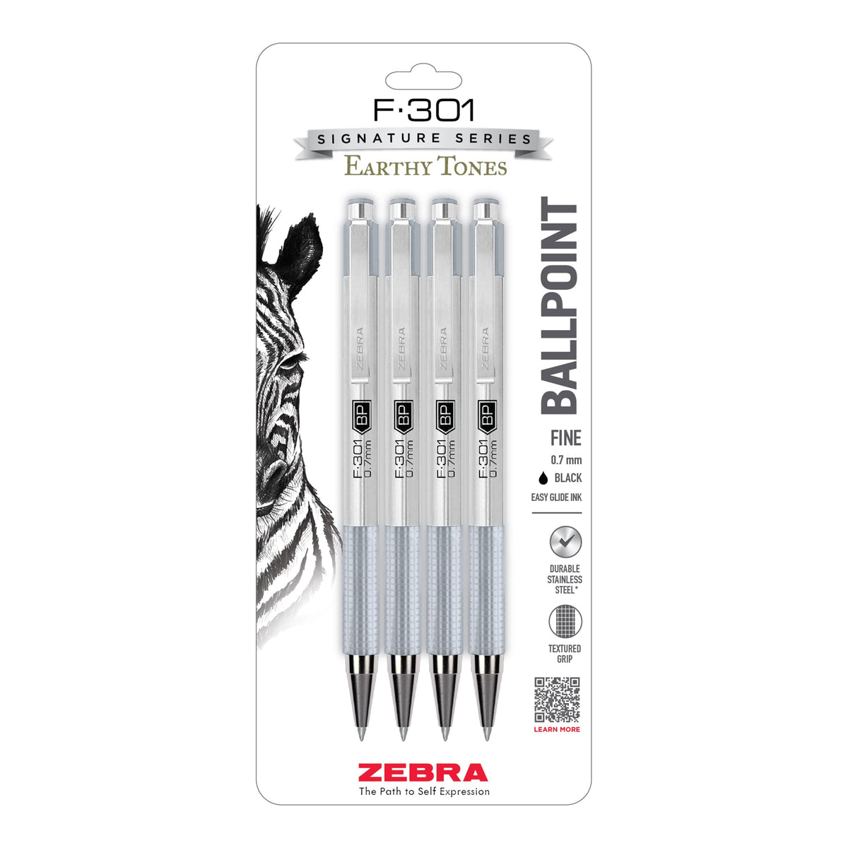 Zebra Pen STEEL F-301 Retractable Ballpoint Pen, Black Ink, 0.7mm, 4-Pack