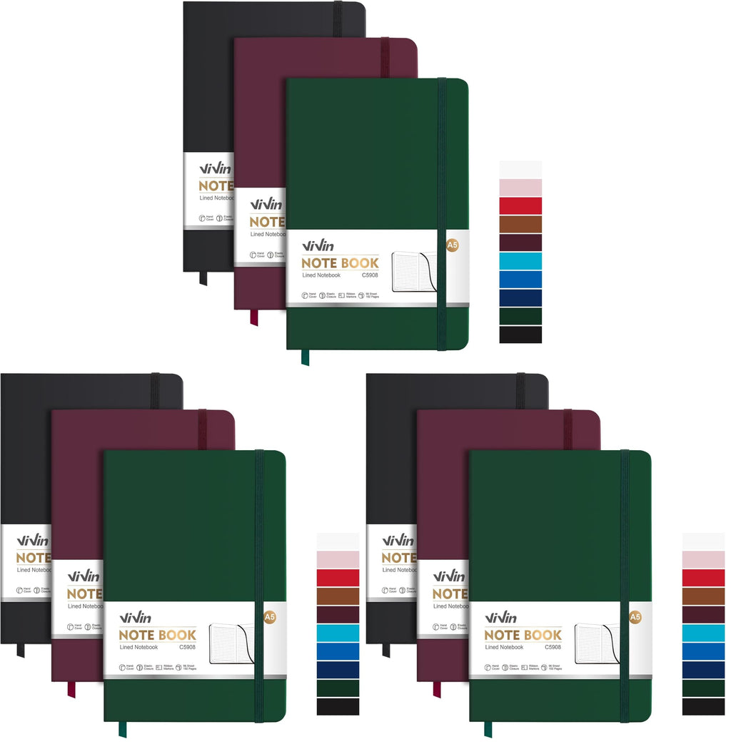 ViVin 3 Pack A5 Hardcover Lined Notebook,192 pg College Ruled 5.5x8.3