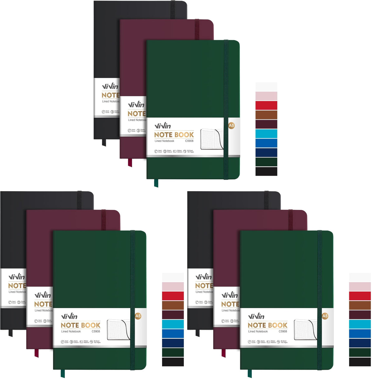 ViVin 3 Pack A5 Hardcover Lined Notebook,192 pg College Ruled 5.5x8.3