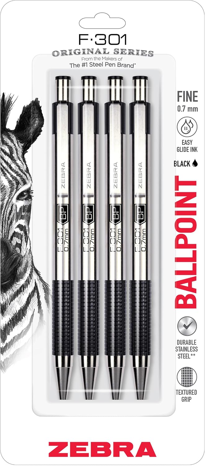 Zebra Pen STEEL F-301 Retractable Ballpoint Pen, Black Ink, 0.7mm, 4-Pack