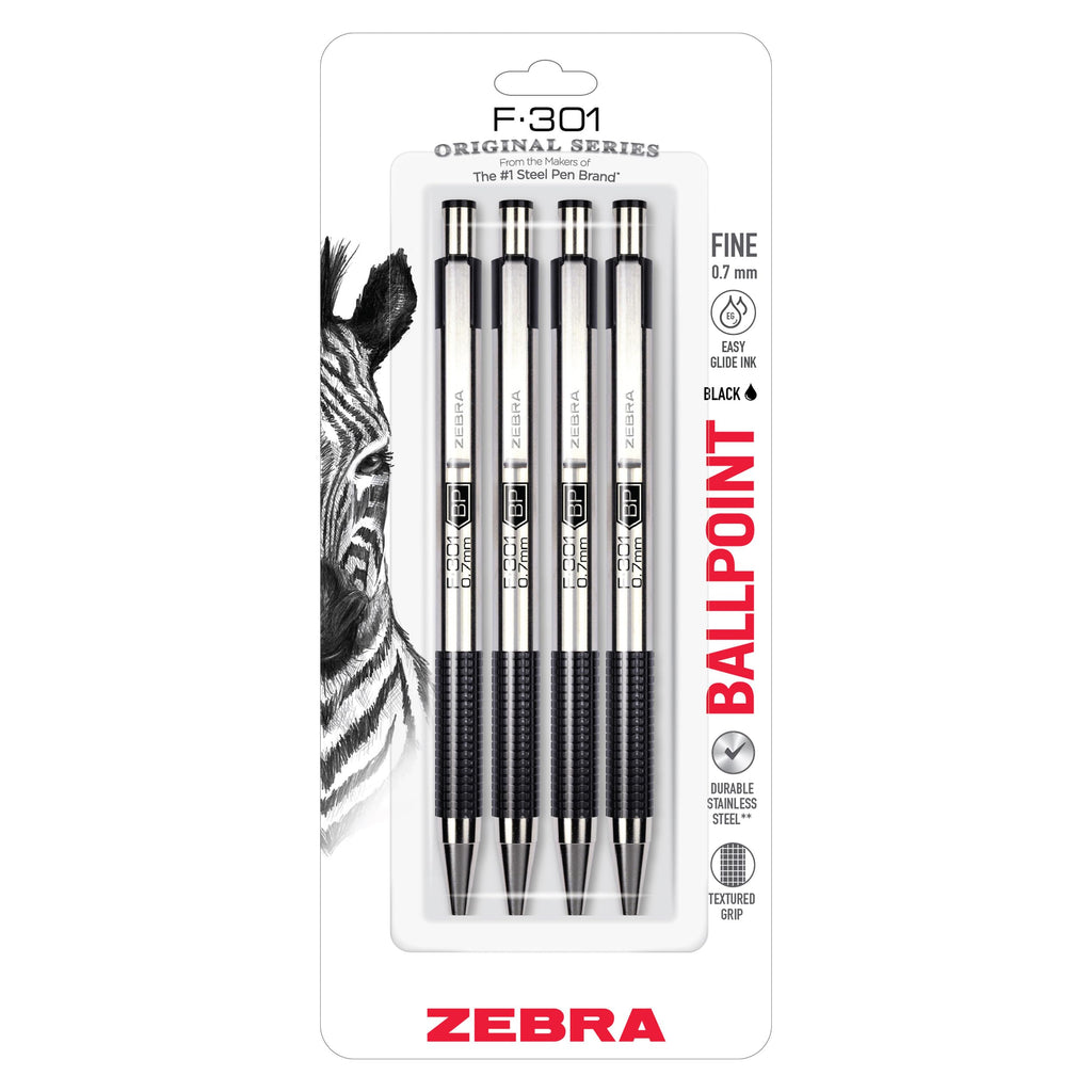 Zebra Pen STEEL F-301 Retractable Ballpoint Pen, Black Ink, 0.7mm, 12-Pack