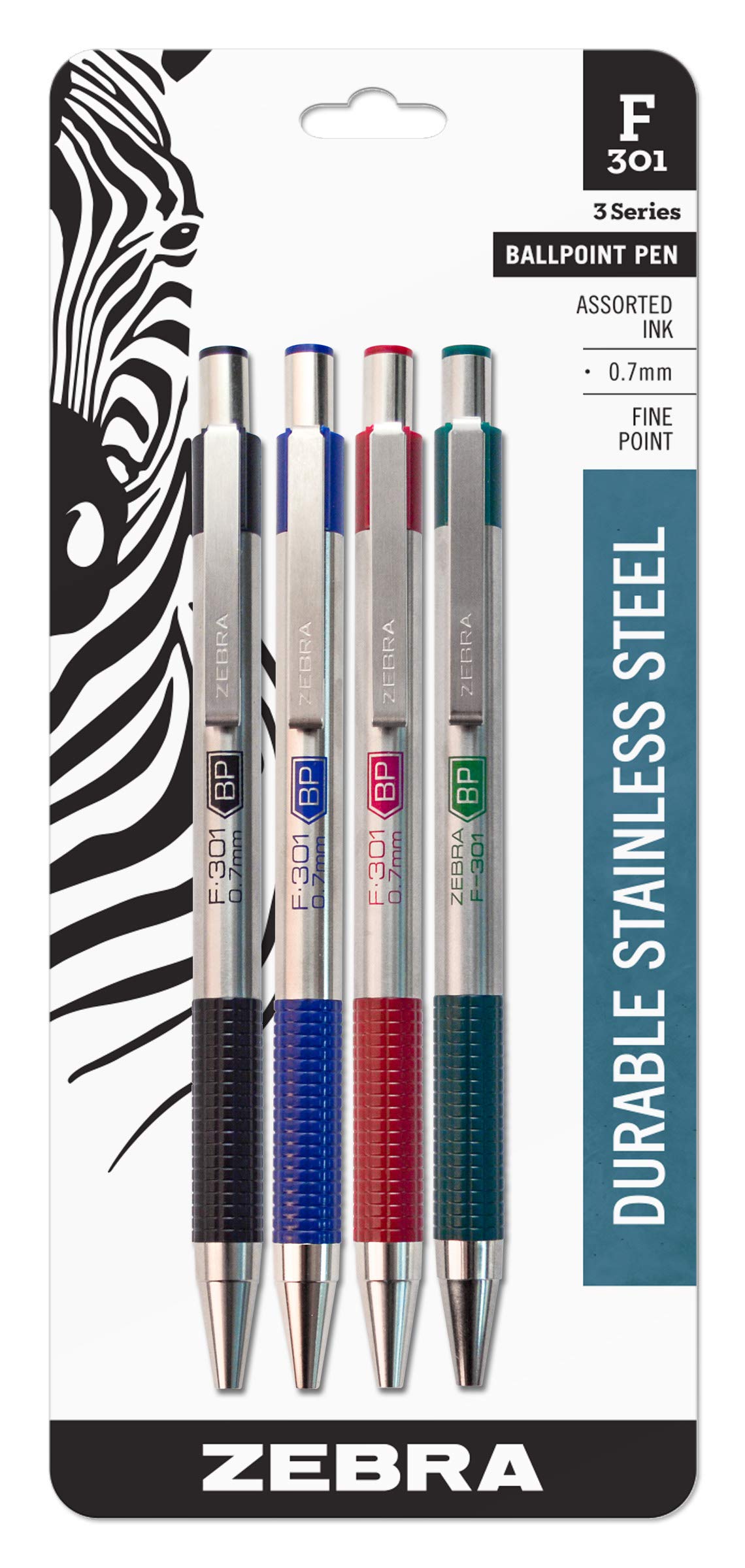Zebra Pen STEEL F-301 Retractable Ballpoint Pen, Black Ink, 0.7mm, 12-Pack