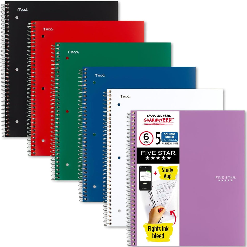 Five Star Spiral Notebook + Study App, 6 Pack, 5 Subject, College Ruled Paper, Fights Ink Bleed, Water Resistant Cover, 8-1/2" x 11", 200 Sheets, Assorted Colors (73793)