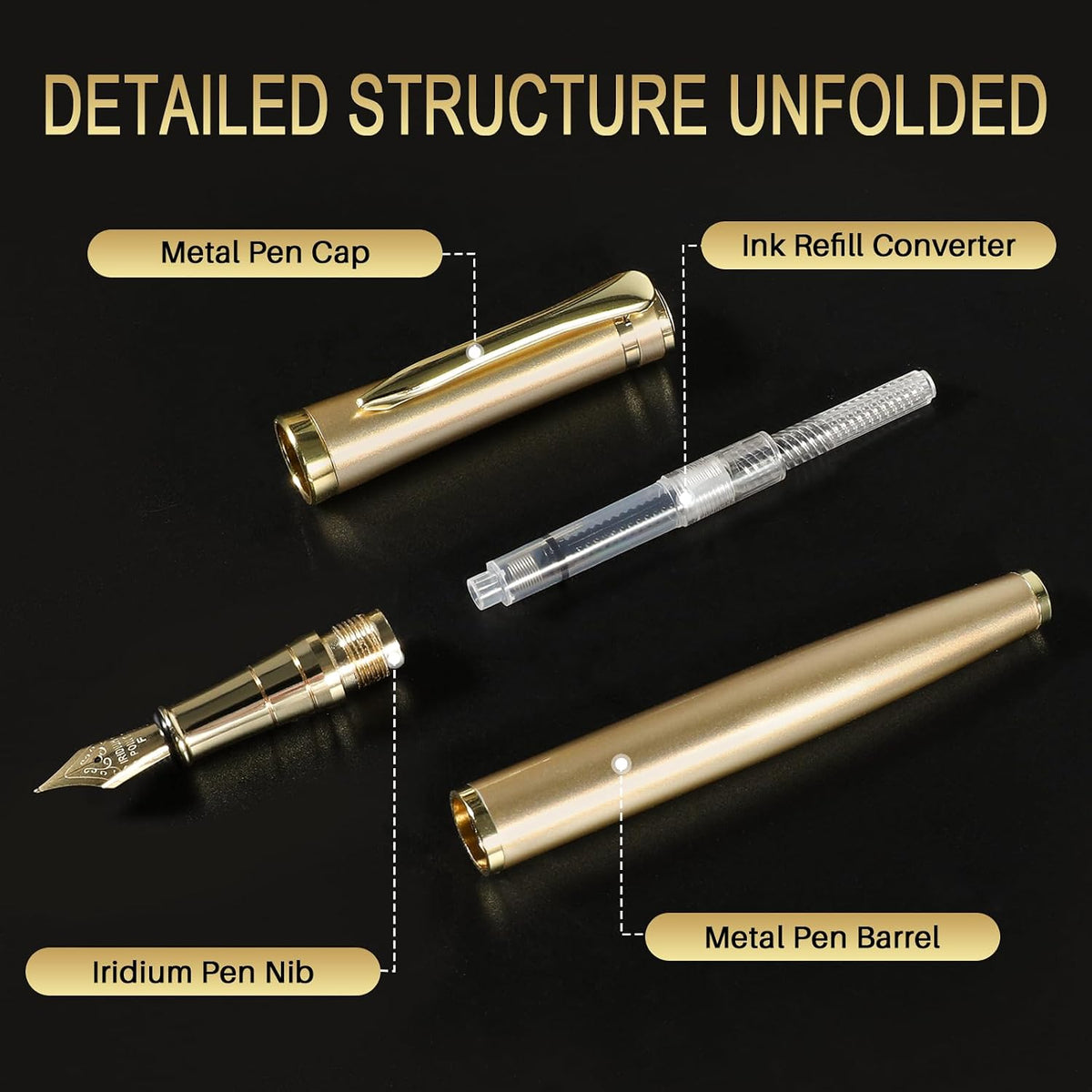 Smooth Writing Fountain Pen, 10 Ink Cartridges, Fine Nib, Gold
