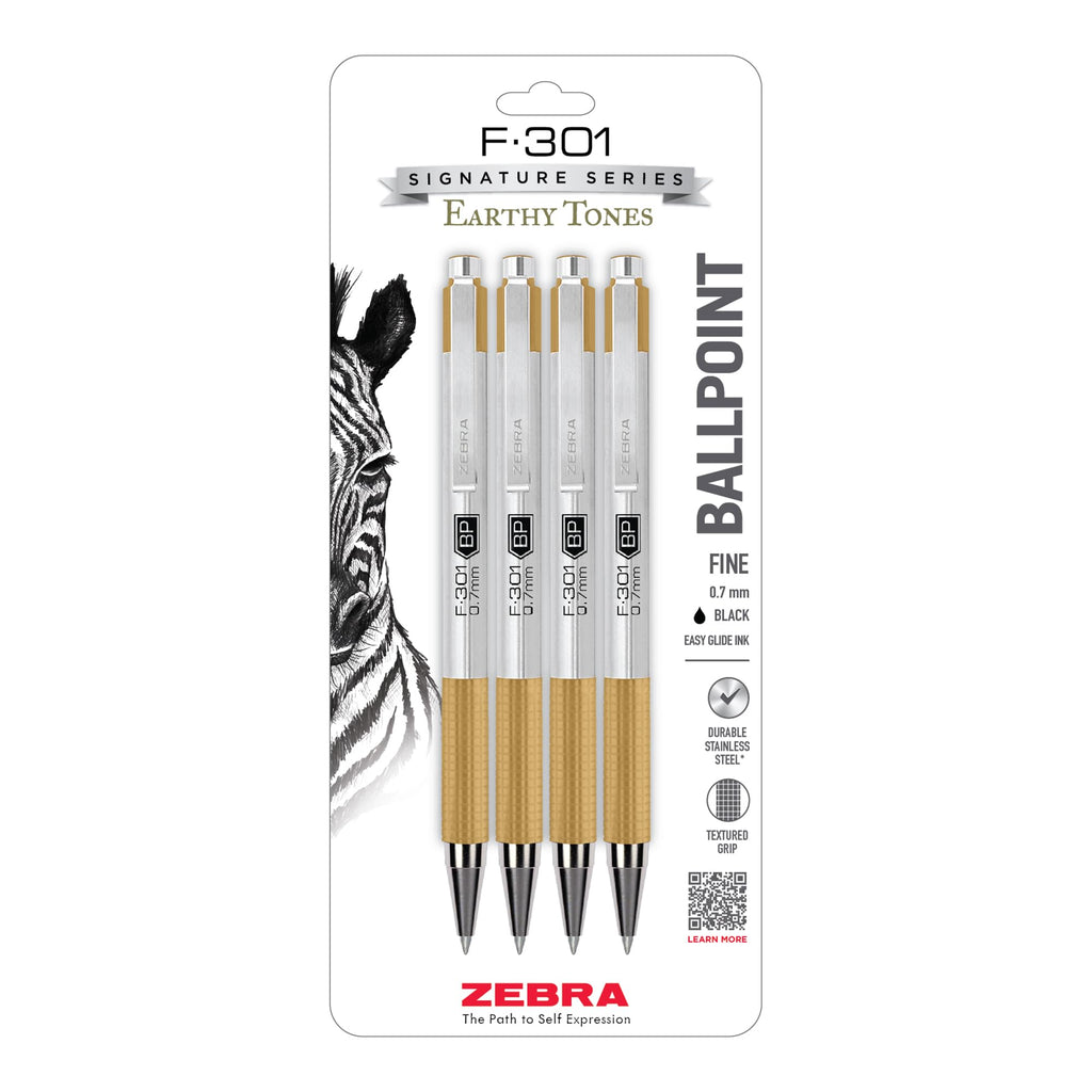 Zebra Pen STEEL F-301 Retractable Ballpoint Pen, Black Ink, 0.7mm, 4-Pack