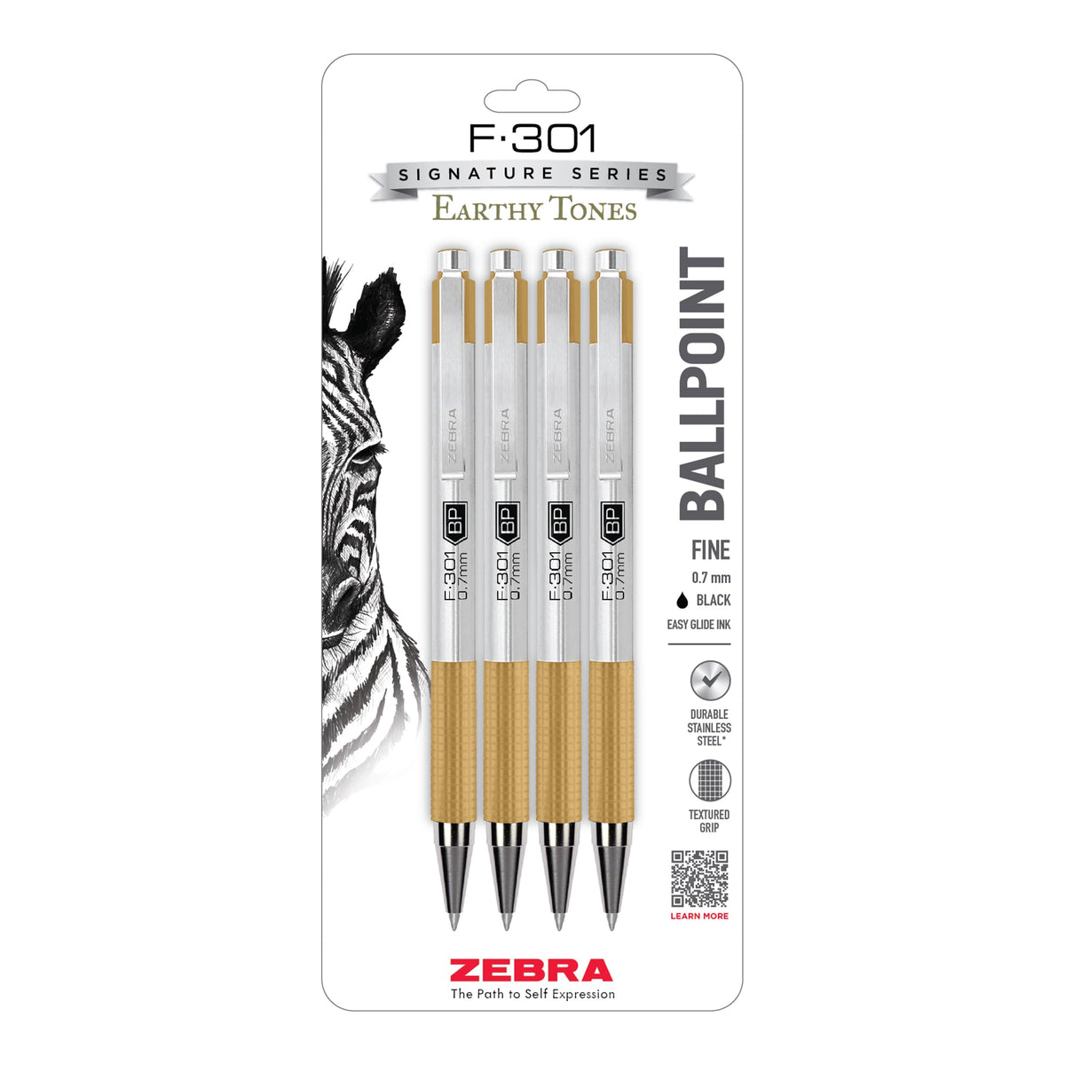 Zebra Pen STEEL F-301 Retractable Ballpoint Pen, Black Ink, 0.7mm, 4-Pack