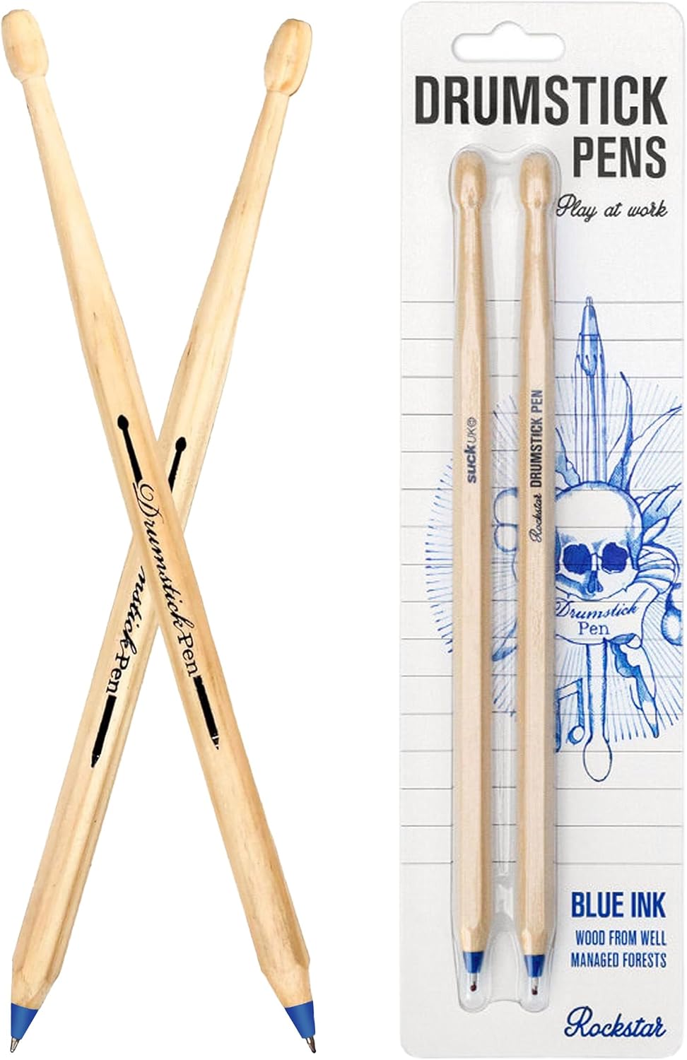 Suck UK Drumsticks Ballpoint Pens - Novelty Drummer Gifts for Men & Music Lovers - Wooden Drumstick Shaped Pen - Unique Office & School Stationery Supplies - Cool Drum Kit - Set of 2 Blue Pens
