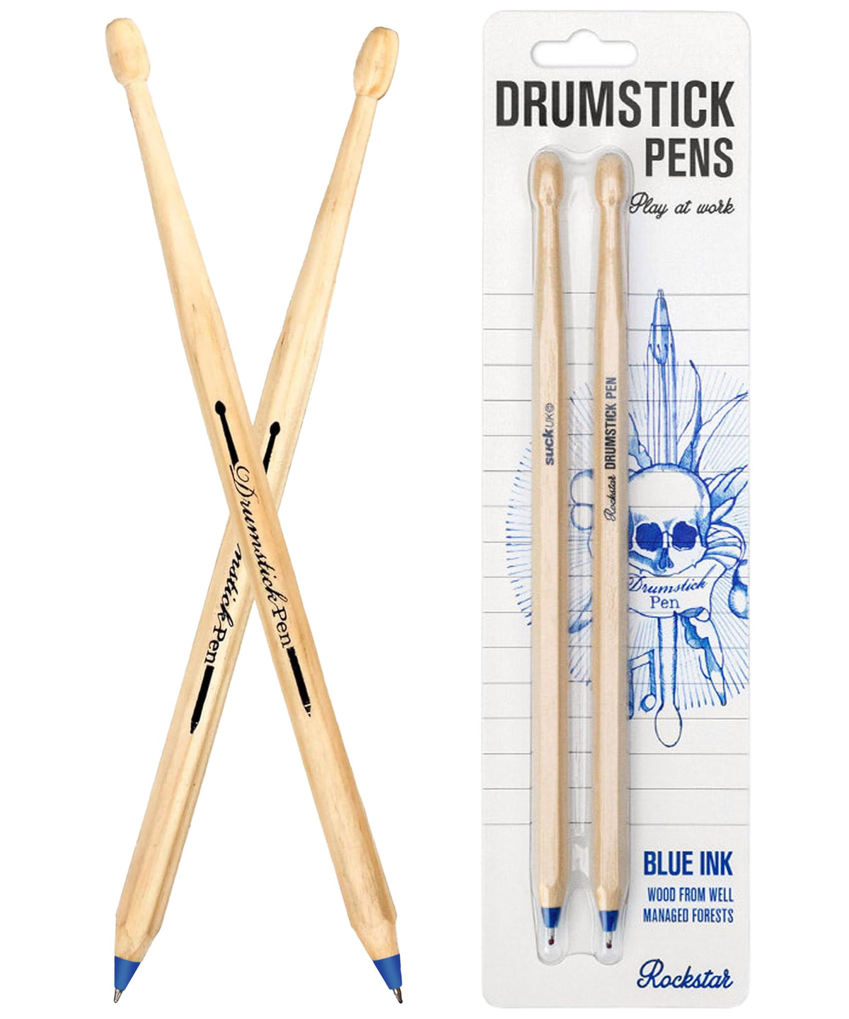 Suck UK Drumsticks Ballpoint Pens - Novelty Drummer Gifts for Men & Music Lovers - Wooden Drumstick Shaped Pen - Unique Office & School Stationery Supplies - Cool Drum Kit - Set of 2 Blue Pens