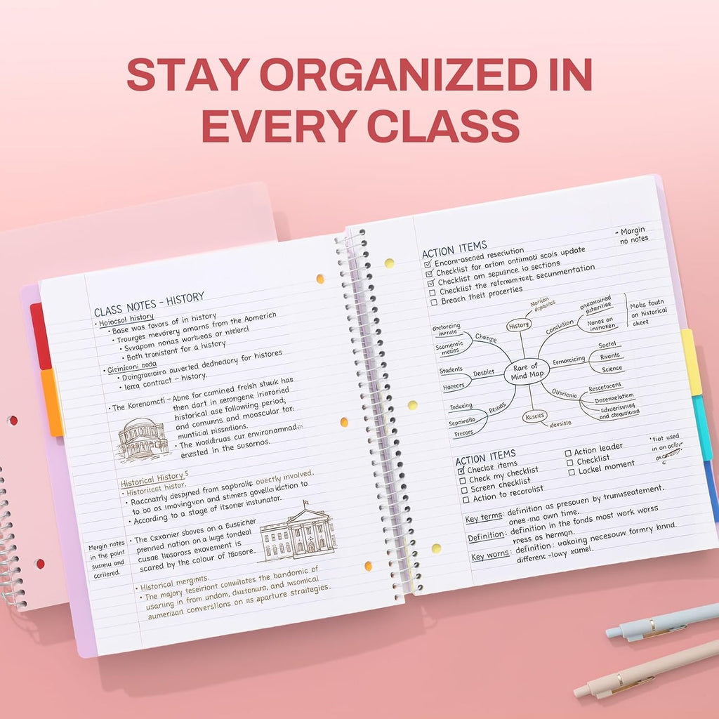 SUNEE 5 Subject Notebook College Ruled - 400 Pages, 9"x11", 5 Pocket Colored Dividers, 3-Hole Punched Paper, Pink
