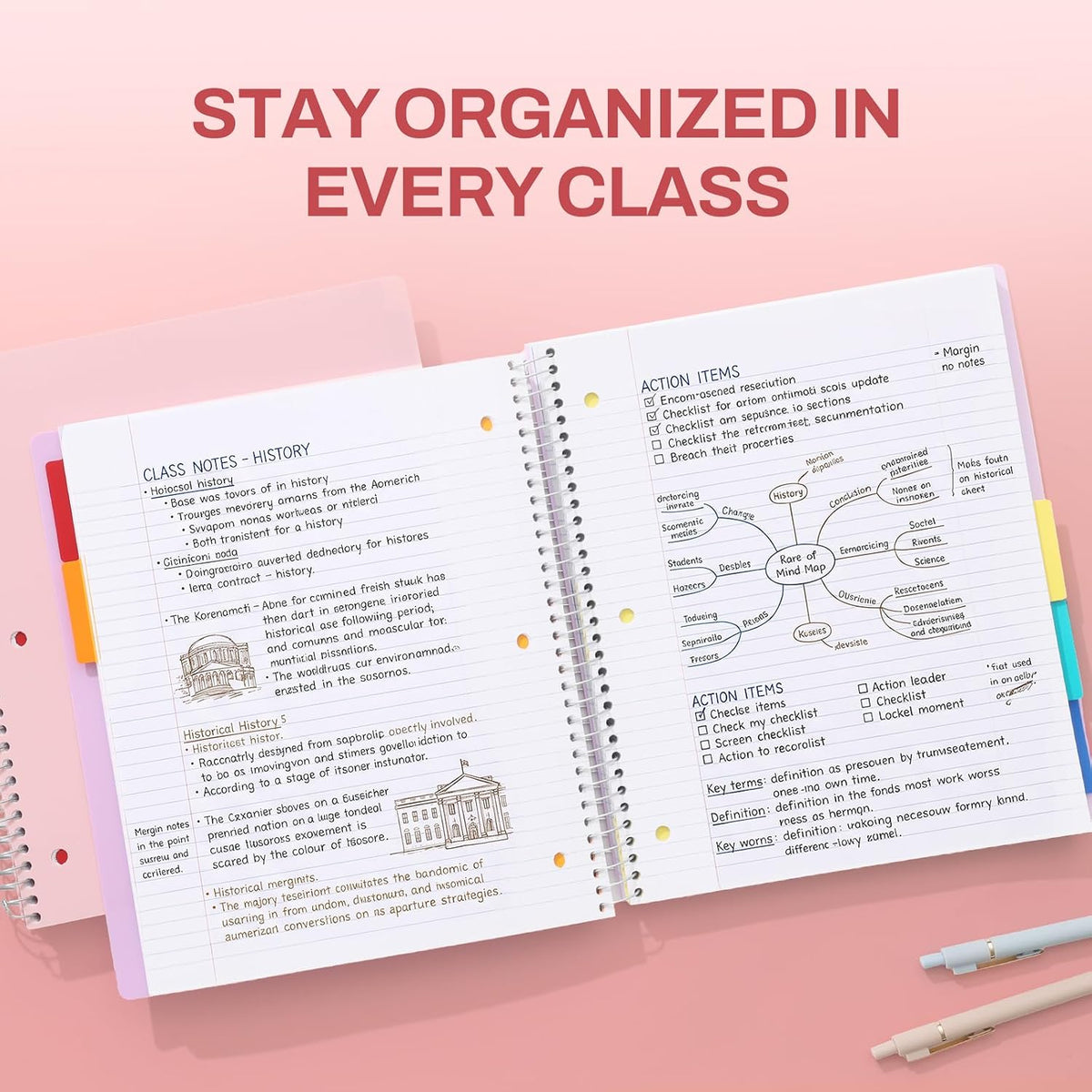 SUNEE 5 Subject Notebook College Ruled - 400 Pages, 9"x11", 5 Pocket Colored Dividers, 3-Hole Punched Paper, Pink