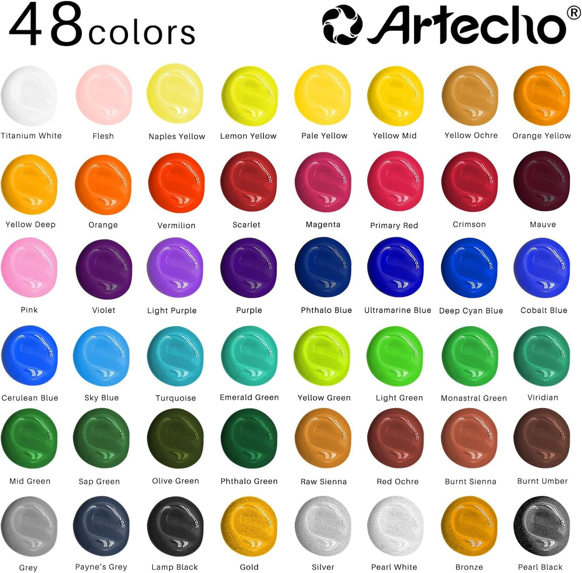 Artecho Acrylic Paint Set 48 Colors 2oz/59ml with 12 Brushes, Art Supplies