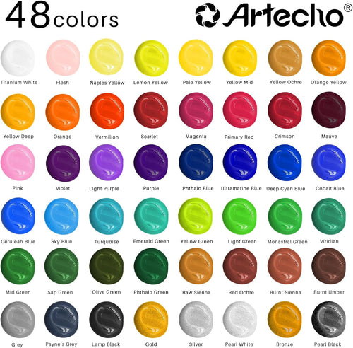 Artecho Acrylic Paint Set 48 Colors 2oz/59ml with 12 Brushes, Art Supplies