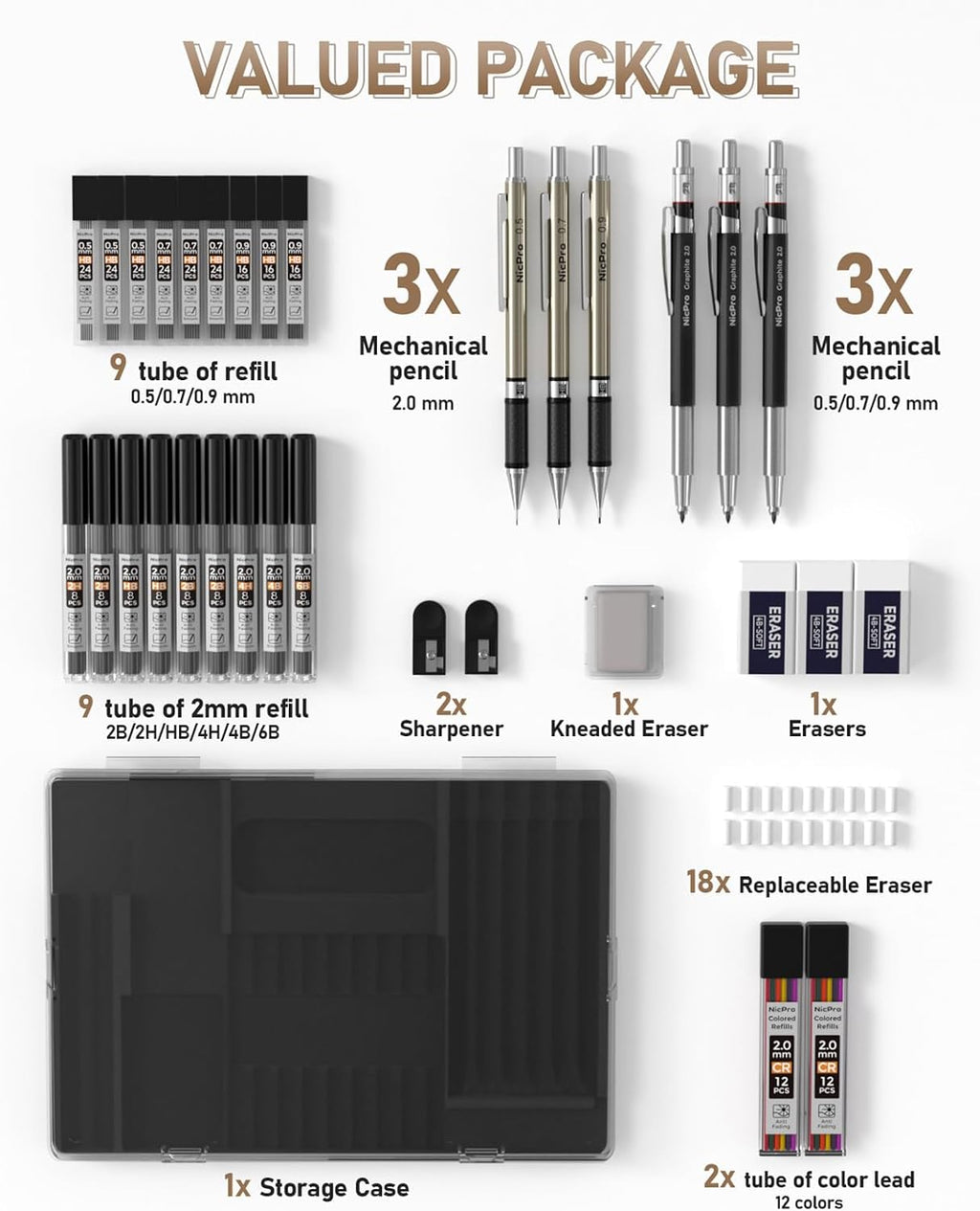 Nicpro Mechanical Pencil Set, 35PCS Art Mechanical Pencils 0.5/0.7/0.9/2mm